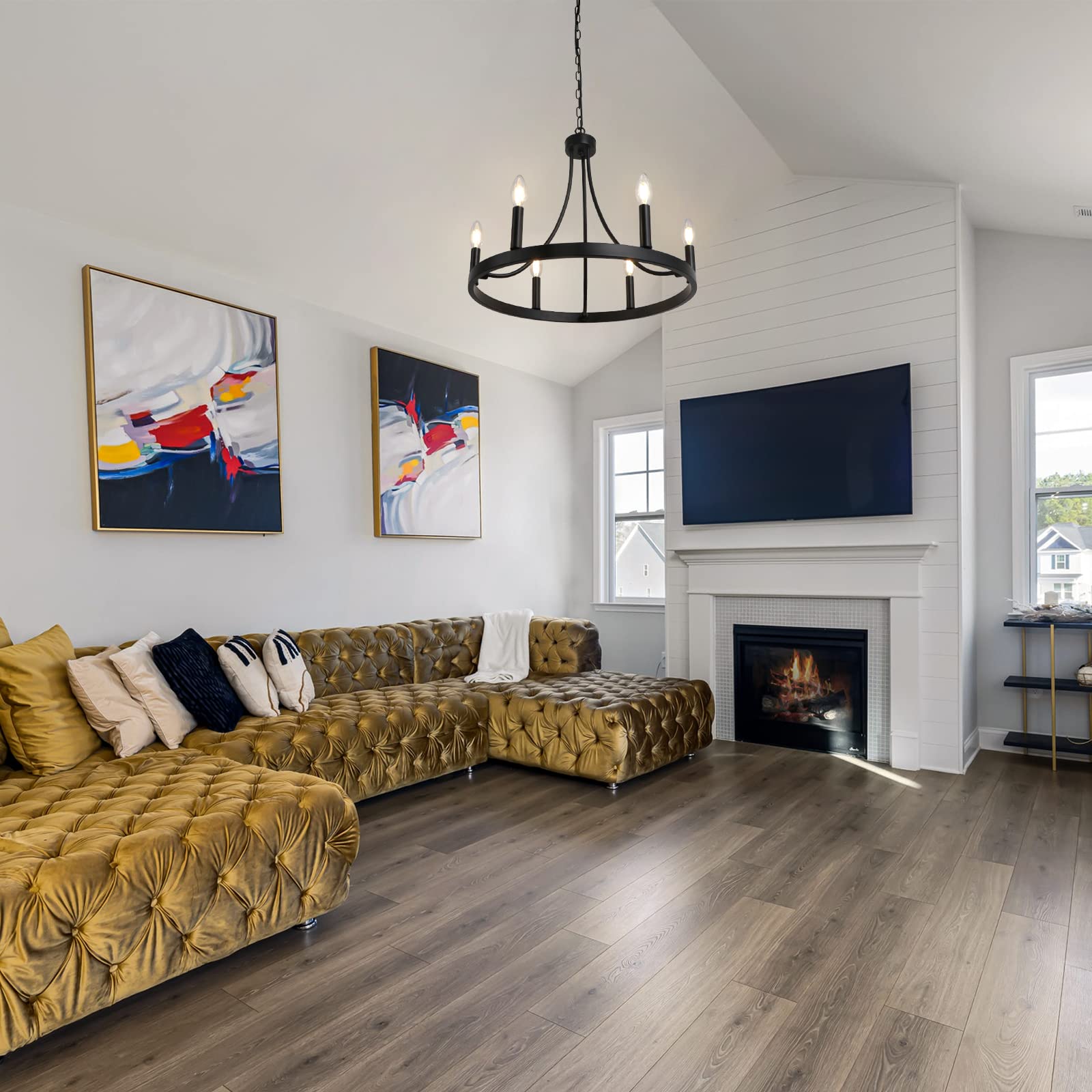 Lynpon 20&quot; Black 6-Light Wagon Wheel Chandelier - Rustic Farmhouse Pendant For Dining Room