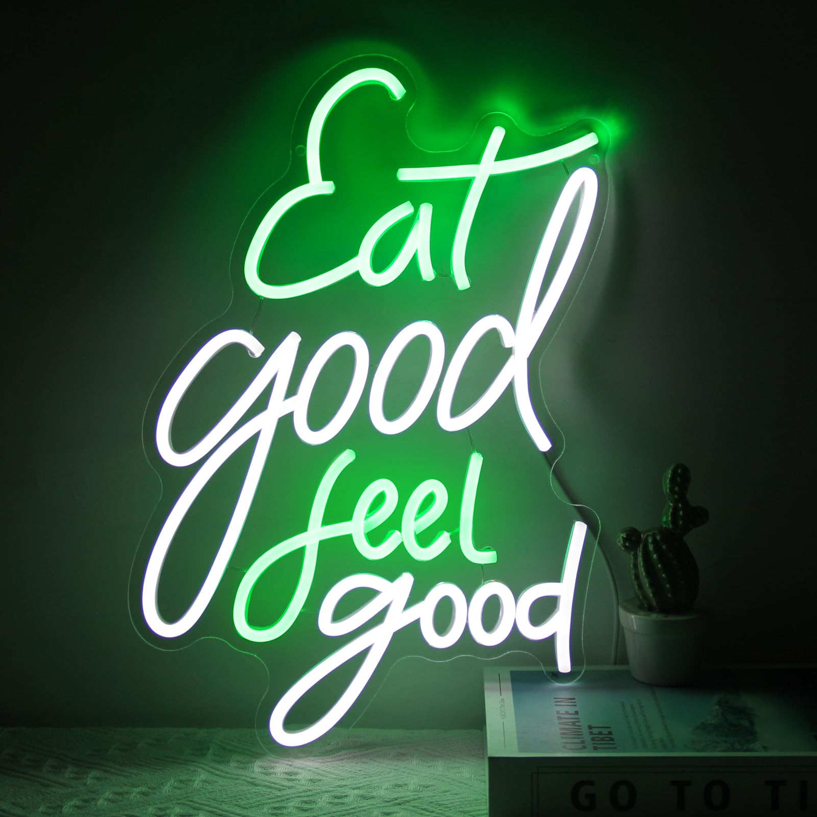 Eat Good Feel Good Neon Sign Green White Letter LED Neon Light Sign Food Neon Signs for Wall Decor Health LED Sign Dimmable Light Up Signs for Restaurant Kitchen Snack Shop Party Decor