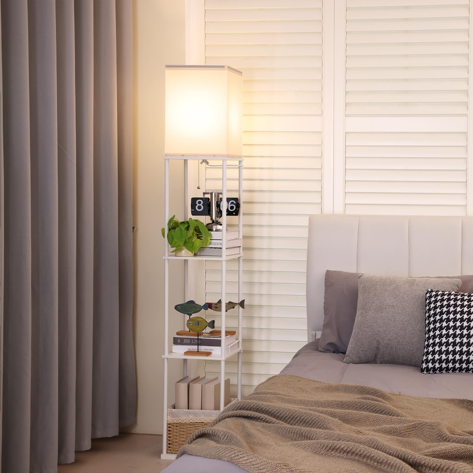Gupuzm Floor Lamp with Shelves, Modern Wood Design, 3 Color Temperatures, Model PFL-007, White
