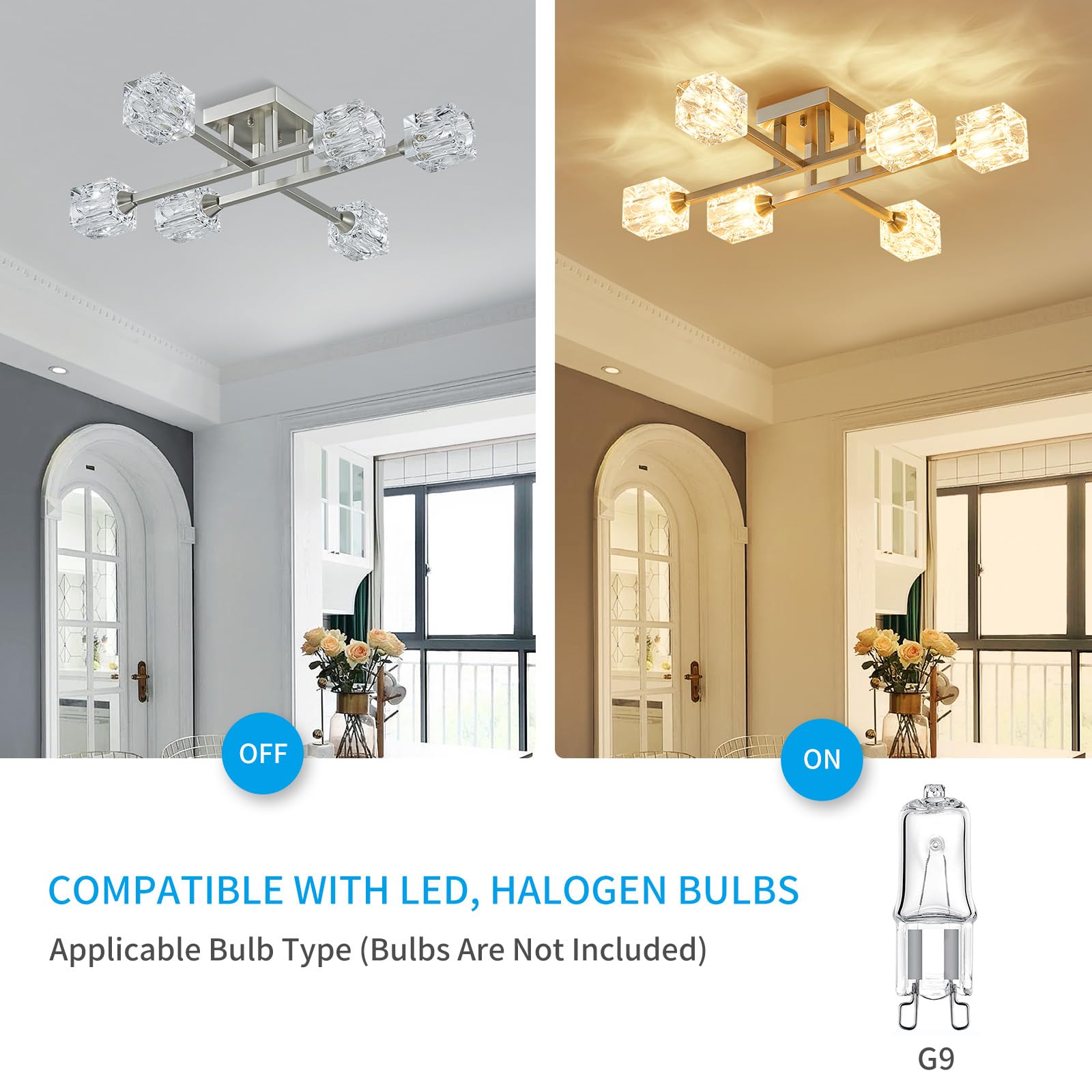 Xingqi Sputnik Light Fixture 6-Lights Semi Flush Mount Ceiling Light, Modern Silver Glass Chandelier Brushed Nickel Lighting For