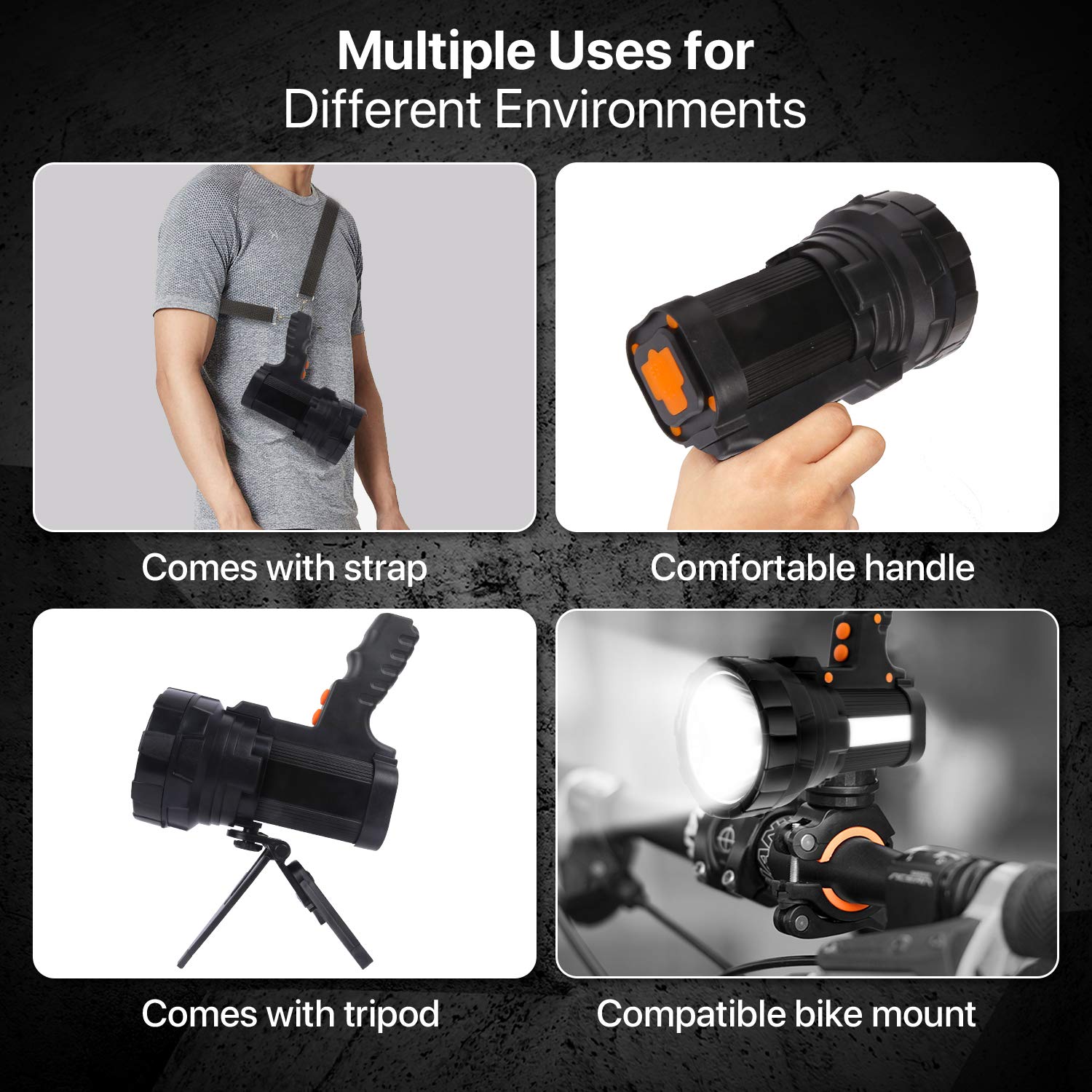 Cybbo Powerful Spotlight - 6000 Lumen Rechargeable Flashlight, Waterproof, ABS & Aluminum, Adjustable Tripod, Black-New, Model C01