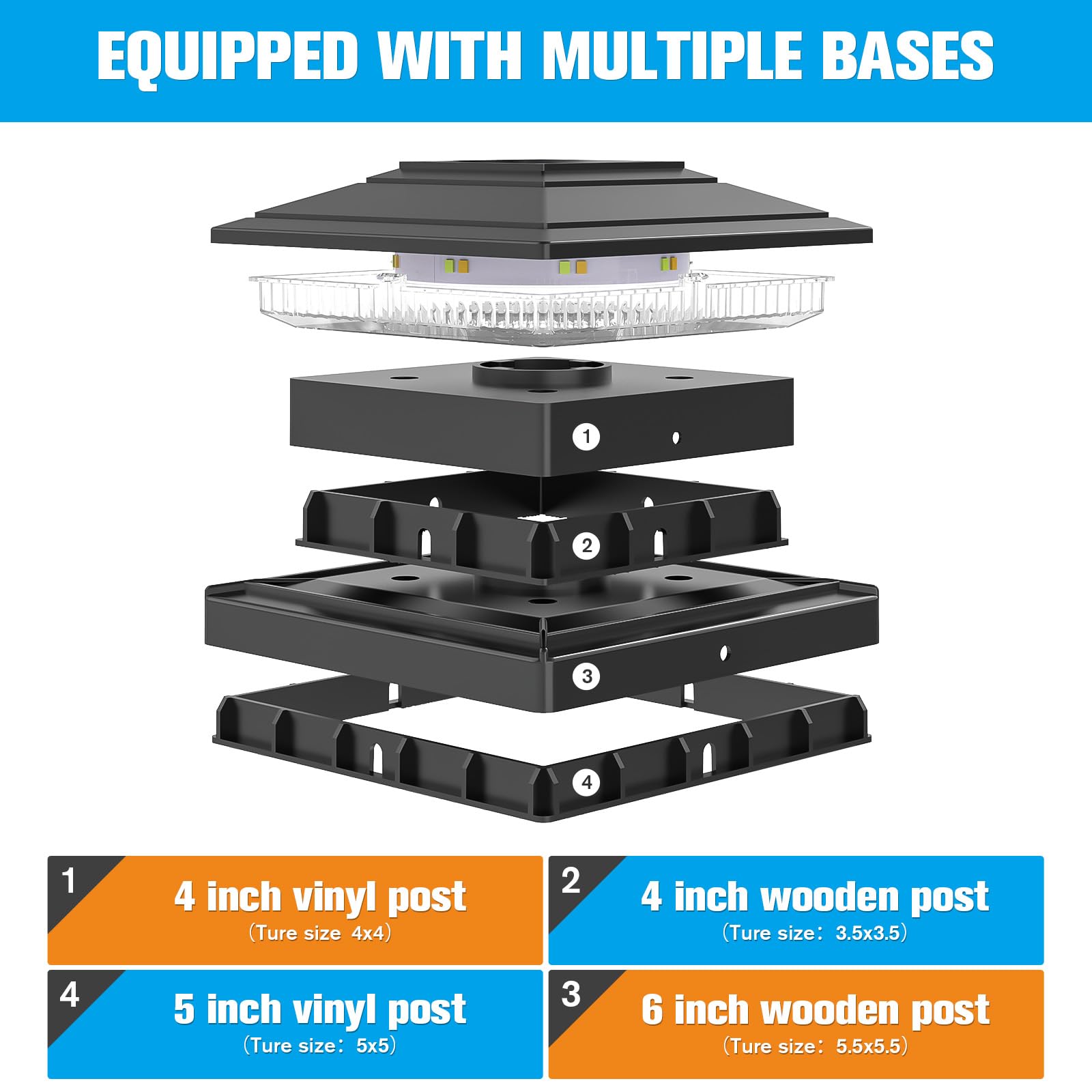 Volisun Solar Fence - Post Lights, Solar Post Cap Light Outdoor Waterproof 6Pack, Black Deck Cap Light Solar Powered, For 4X4 5X