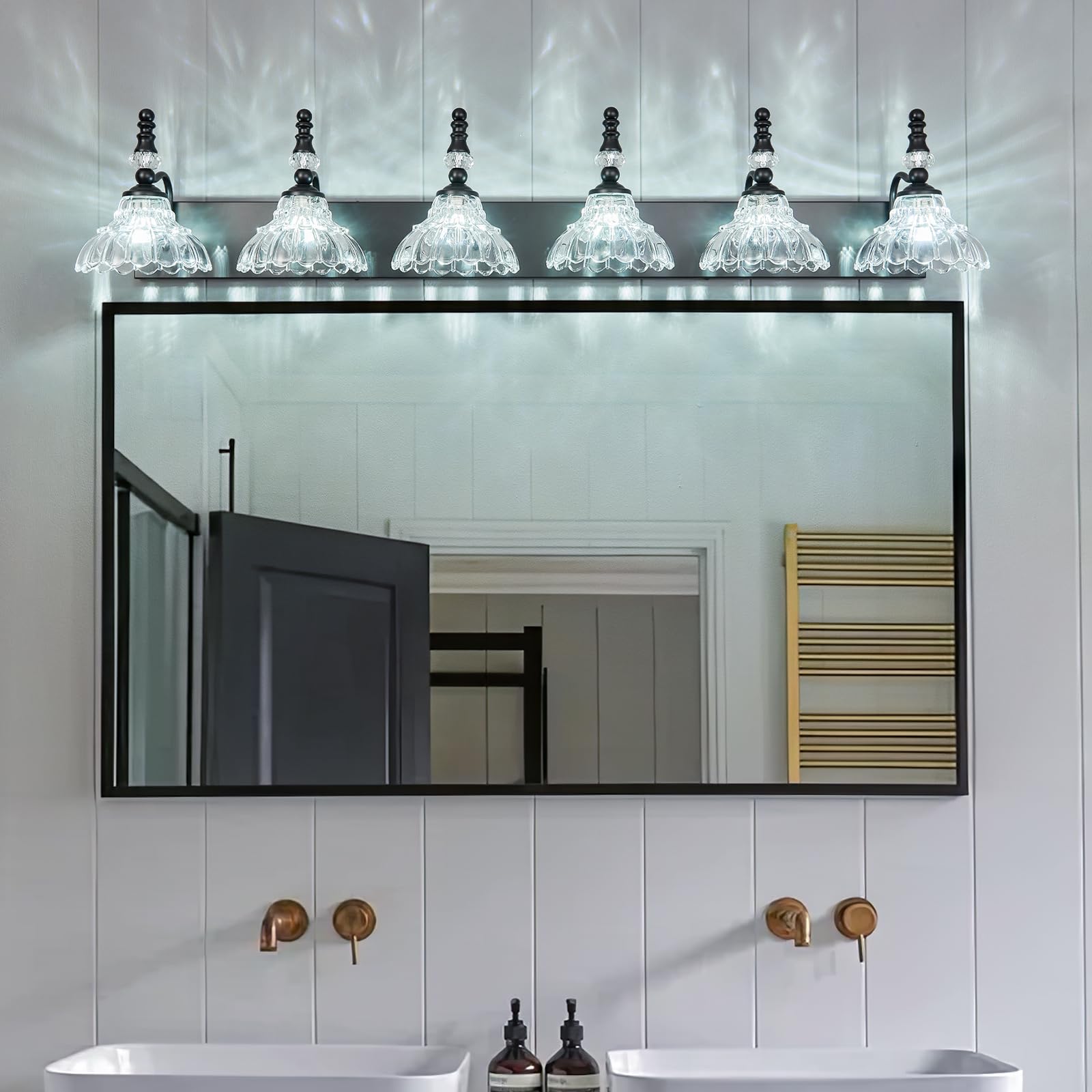 Lbsqj Vintage Bathroom Vanity Light  6-Light Black Vanity Lighting Fixture With Flower Glass Shade  Bathroom Lighting Fixtures Over Mirror