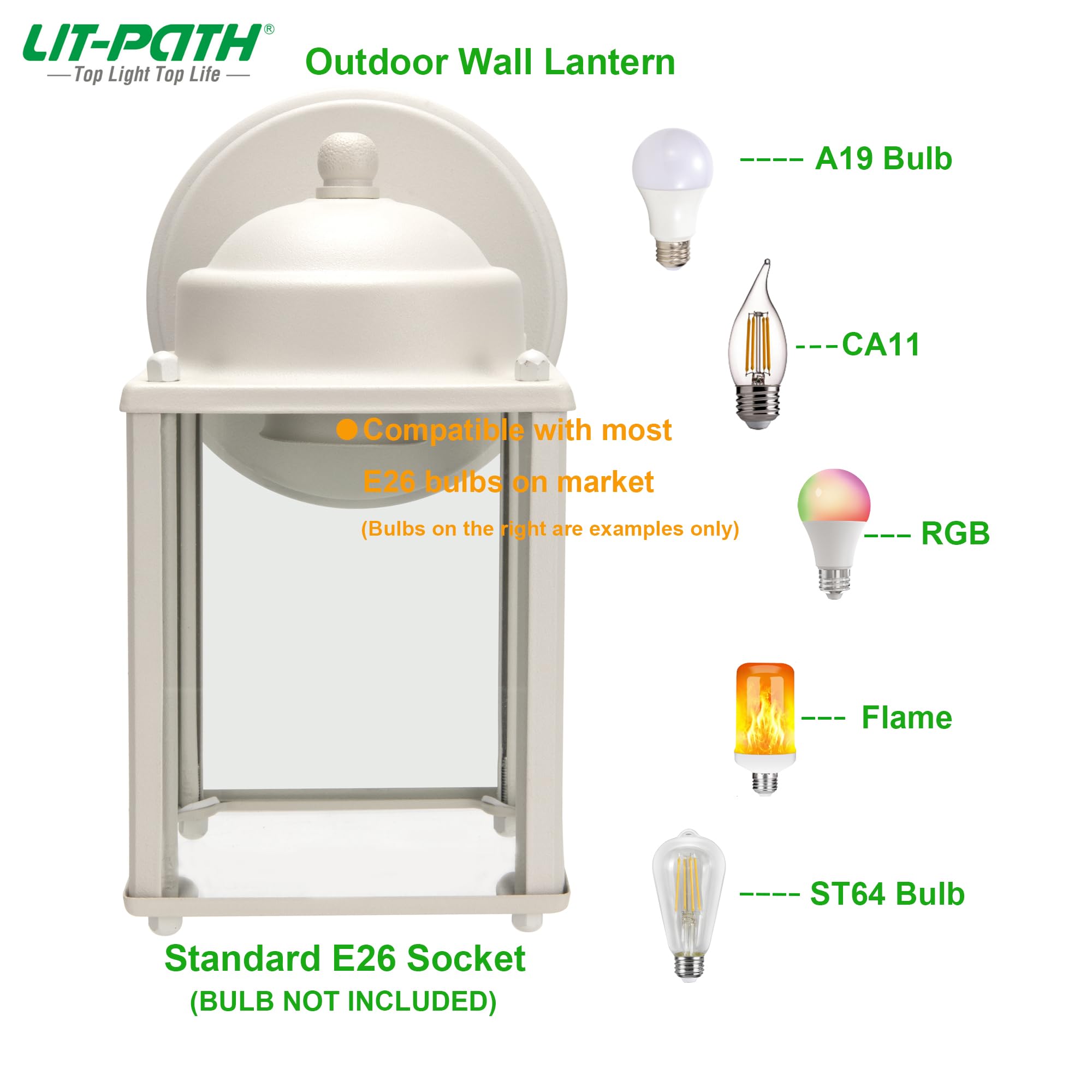 LIT-PaTH Outdoor Wall Lantern Sconce, Aluminum, E26 Base, White Finish, 2-Pack, Model LT-WL017-WT-2PK