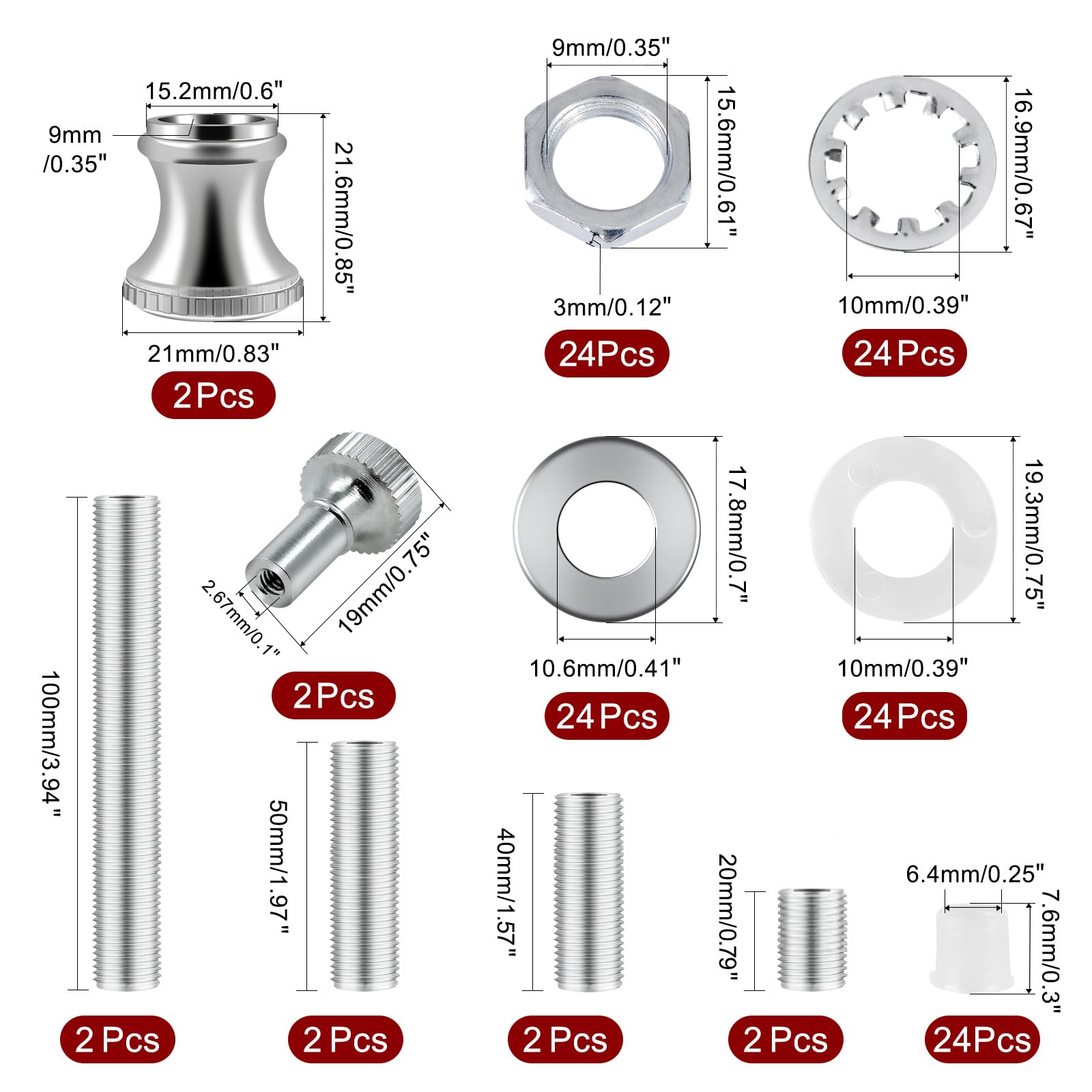 GooChan Lamp Repair Hardware Assortment Kit, Metal, Silver Color, Includes Nipples, Couplers, Switch Knobs, Washers & Nuts