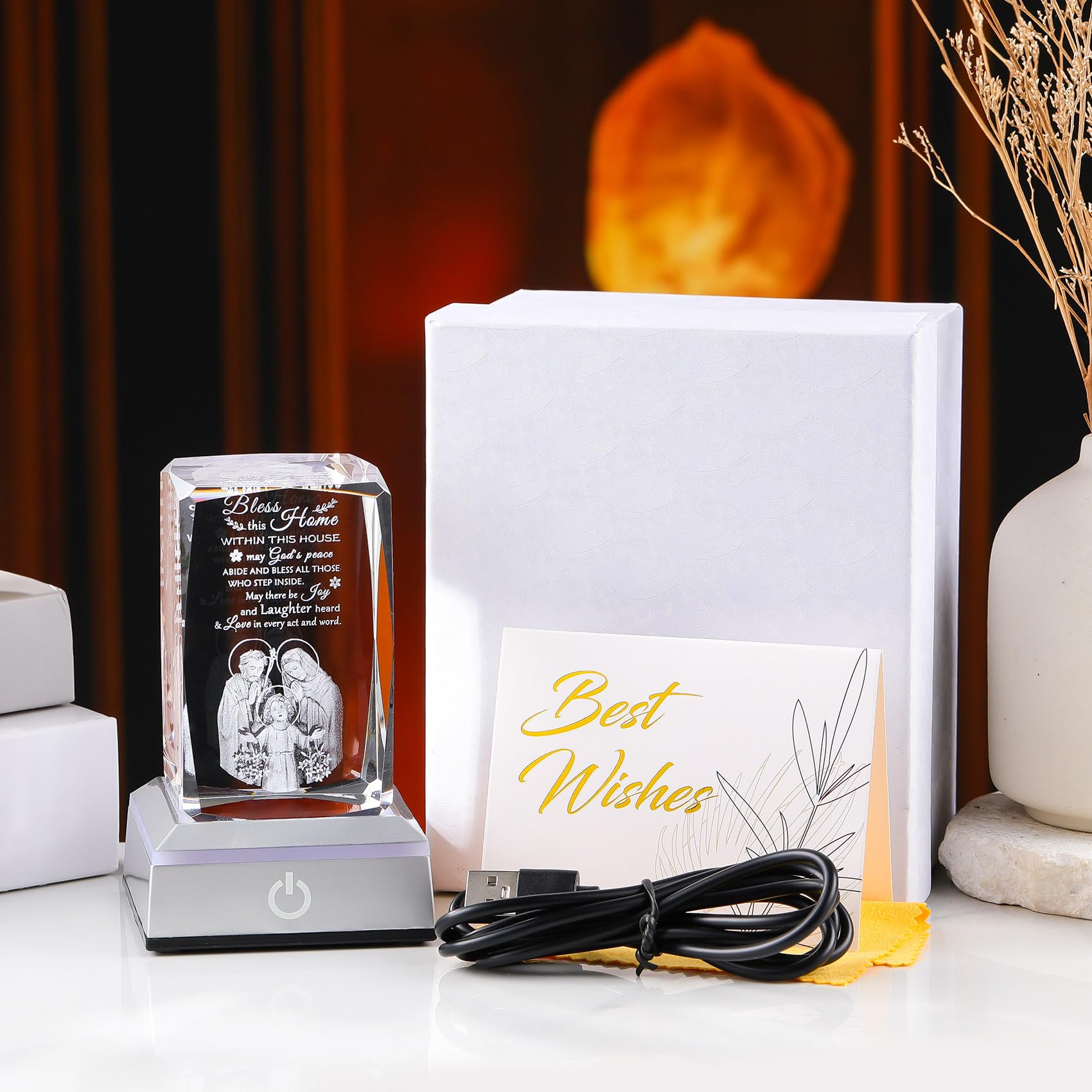 Movdyka House Warming Gifts New Home  Bless This Home Laser-Engraved Crystal Cube With Color-Changing Led Base - Spiritual Housewarming Gift For Christian Desk Decor