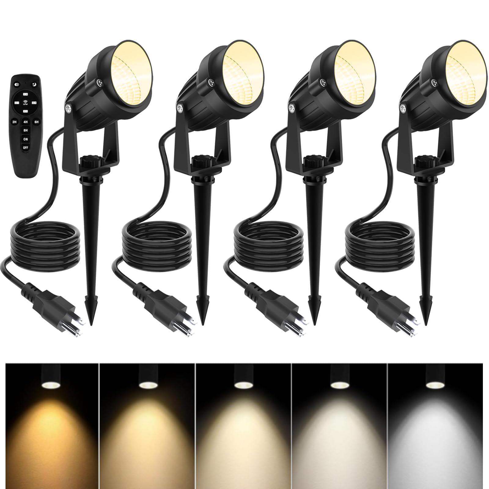 Icreating Led Spotlight Outdoor - White 2700K-6500K Stepless Adjustable Led Spot Lights With Remote Timer, Plug In Waterproof La
