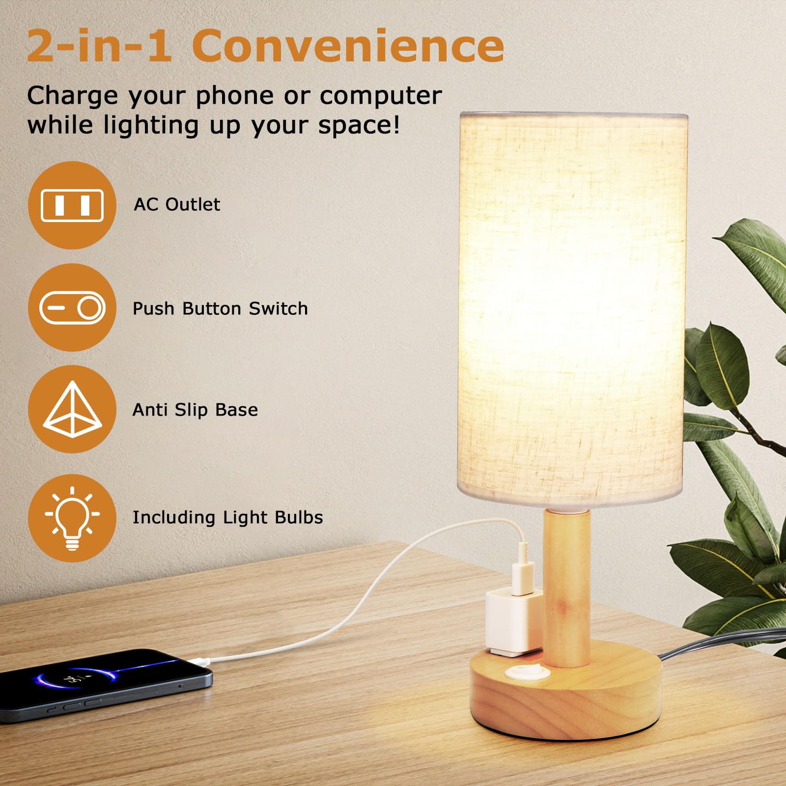UCHENTON Small Bedside Table Lamp with AC Outlet, Linen Shade, Beige, Model TL03