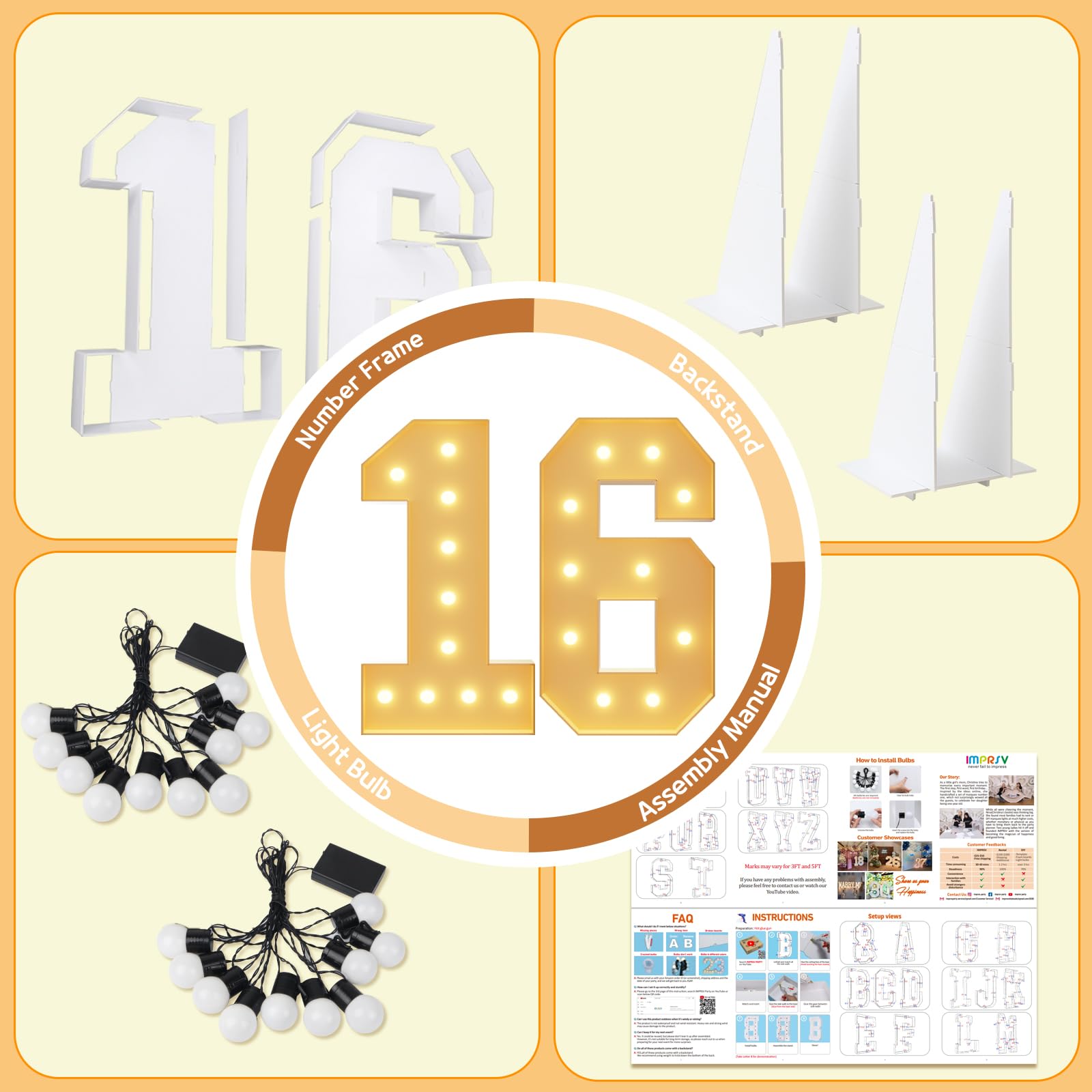 imprsv 16th Birthday Decor - 4FT Light Up Foam Board Numbers for Girls & Boys Anniversary Party Decorations