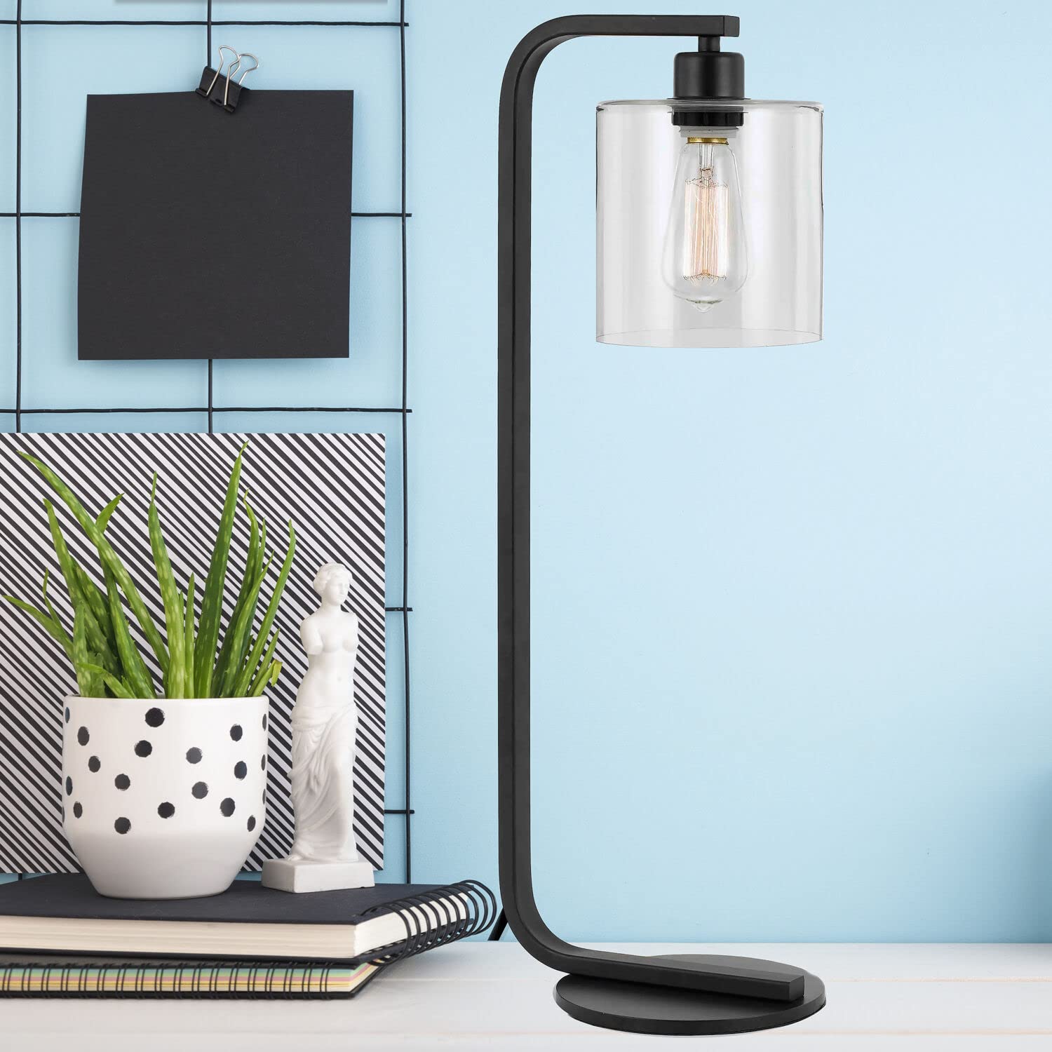 Af Lighting Lowell Plug-In Table Lamp With Online Rocker Switch, Desk Lamp With Matte Black Finish And Clear Glass Shade, Small Lamp Perfect For Bedside, Night Stand, Dorm, Or Office