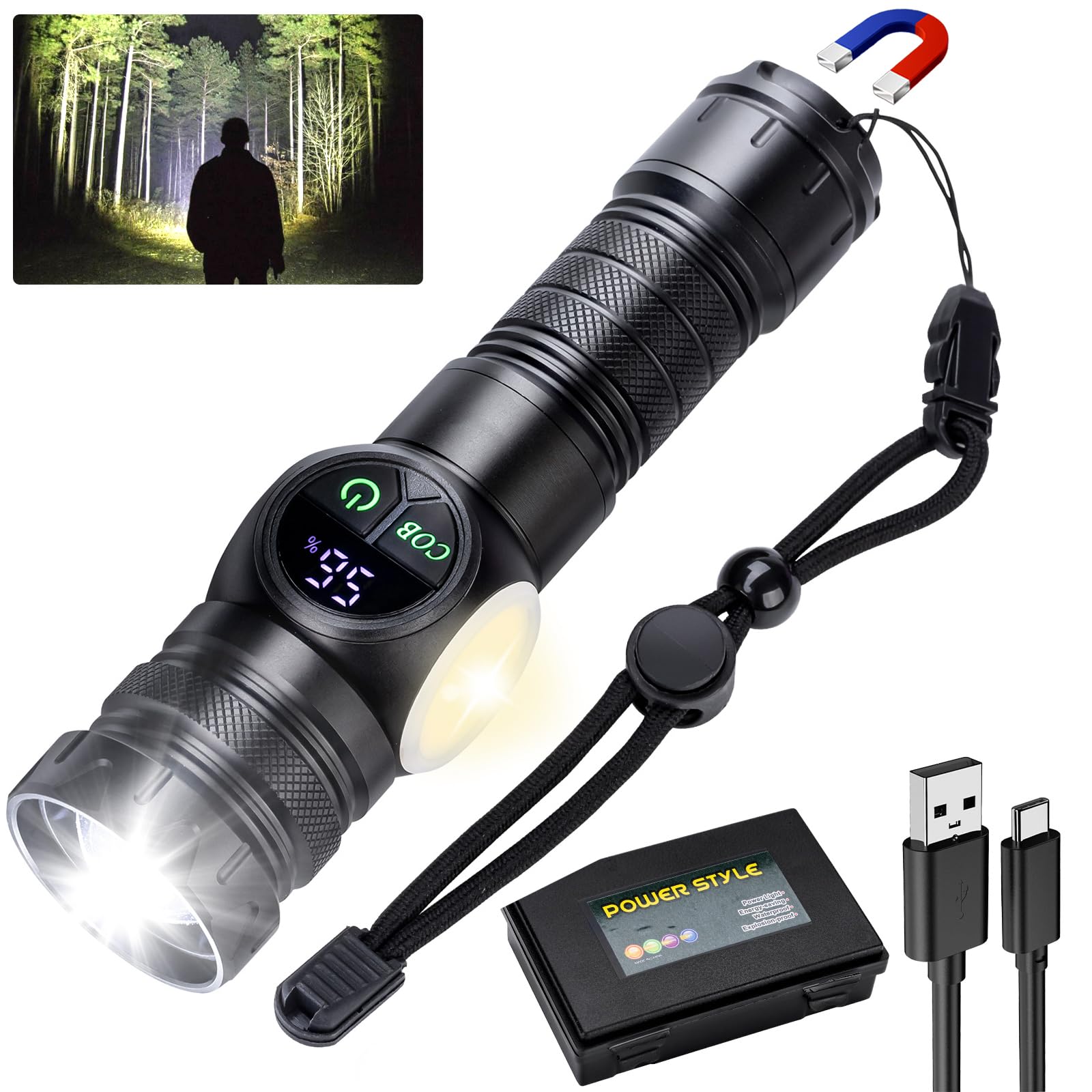 Flashlight High Lumens Rechargeable Magnetic, 1,200,000 Tactical Super Bright LED Handheld Flash Light With USB C, 16Hrs Runtime