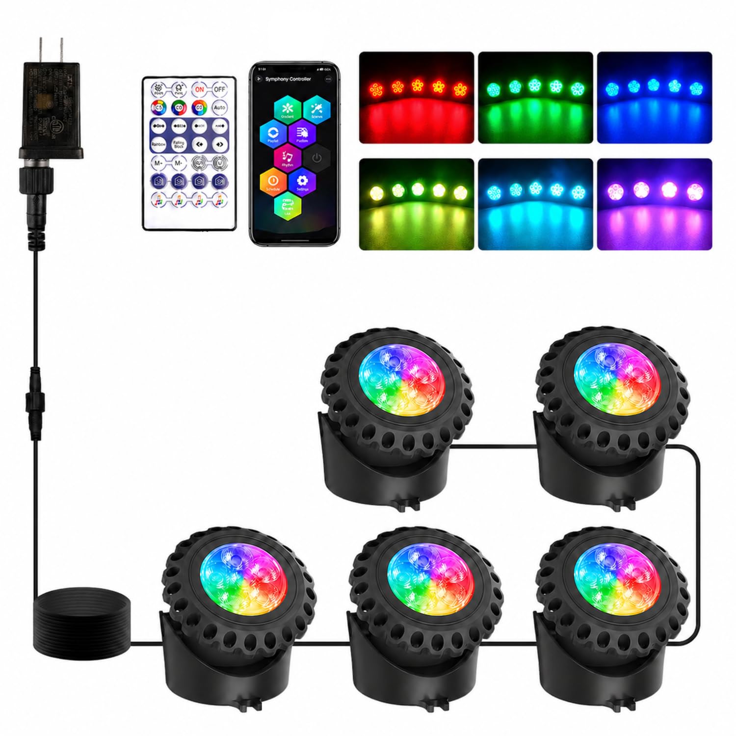 T-SUN Colored Pond Lights with APP and Remote Control - Bright LED Underwater Light Submersible Fountain Lights, IP68 Waterproof
