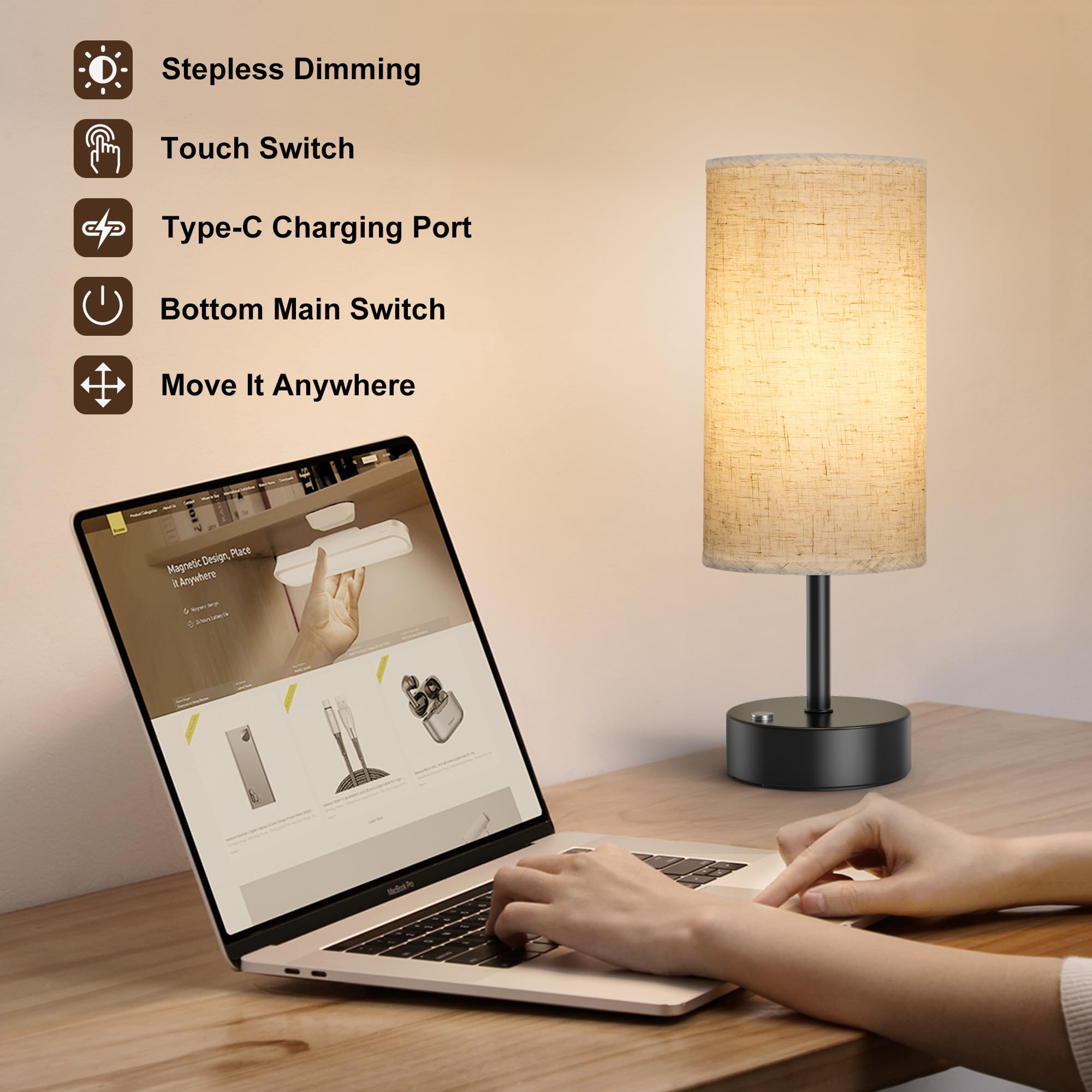 Rottogoon 3-Color Temperature Bedside Lamp Nightstand Lamp With Usb Port And Ac Outlet, Table Lamp For Bedroom With Led Bulb Sma