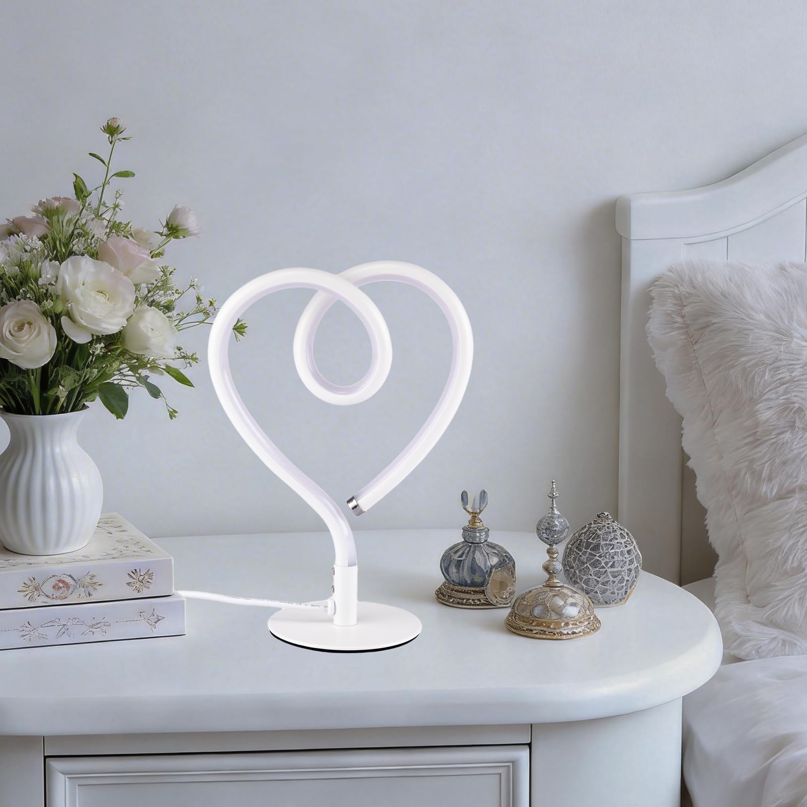 SendaLife White Table Lamp - 3CCT 2700K 4000K 6500K Stepless Dimmable Heart Lamp, Touch Control Aluminum Bedside Table Lamp with
