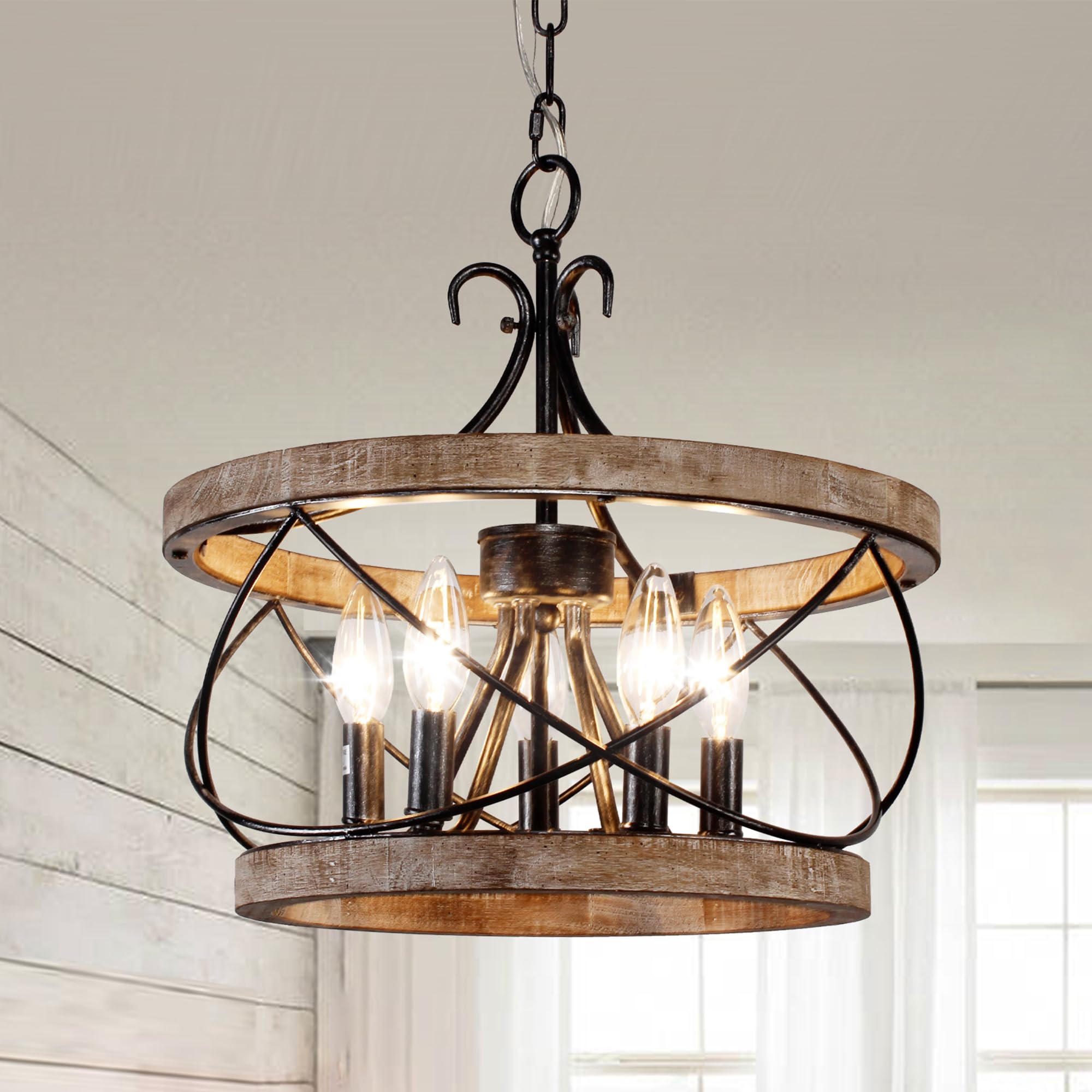 Dawn Whisper 15.7'' Farmhouse Chandelier, 5-Light Rustic Drum Chandelier Light Fixture Over Table, Hanging Lamp,Wood Chandelier 