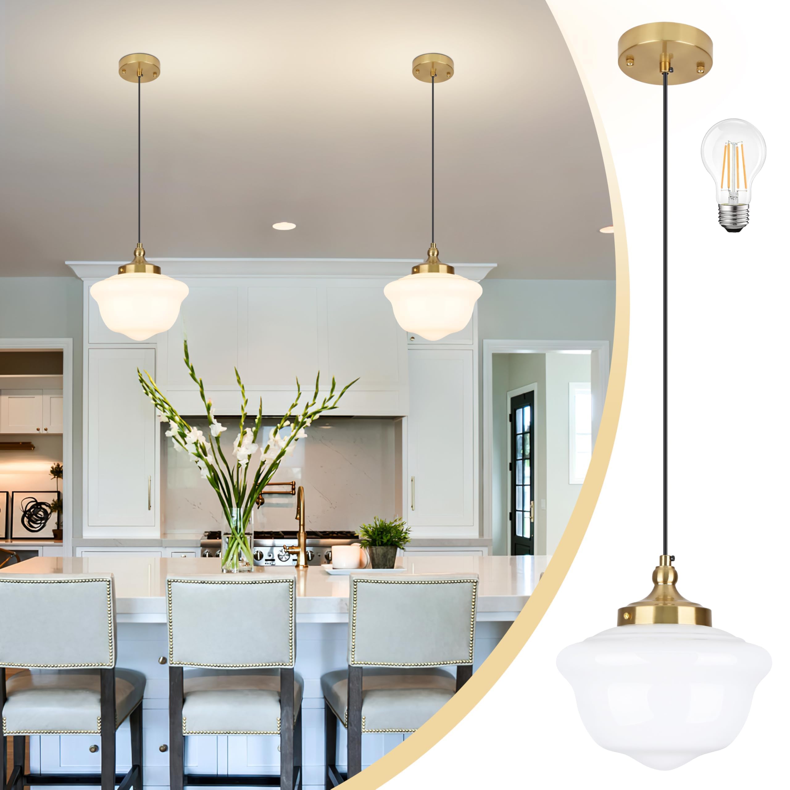 Bagood 10'' Milk Glass Pendant Light Gold Schoolhouse Light Fixture Schoolhouse Pendant Light Milk Glass Light Fixture Mid Centu