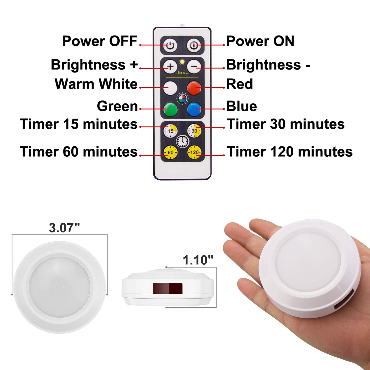 HONWELL LED Puck Lights with Remote, Battery Operated, Dimmable, 3.07 Inch, White, Model 8542000738