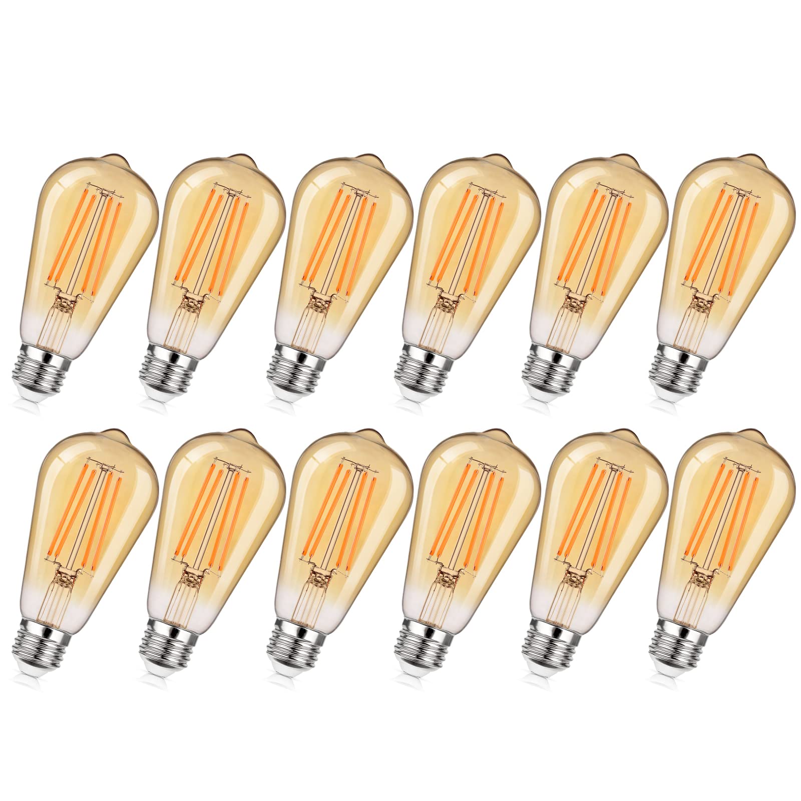 Maxvolador 12-Pack Dimmable Vintage Led Edison Bulb 60W Equivalent, 6W 850Lumens Amber Warm 2200K St58 Antique Filament Light Bu