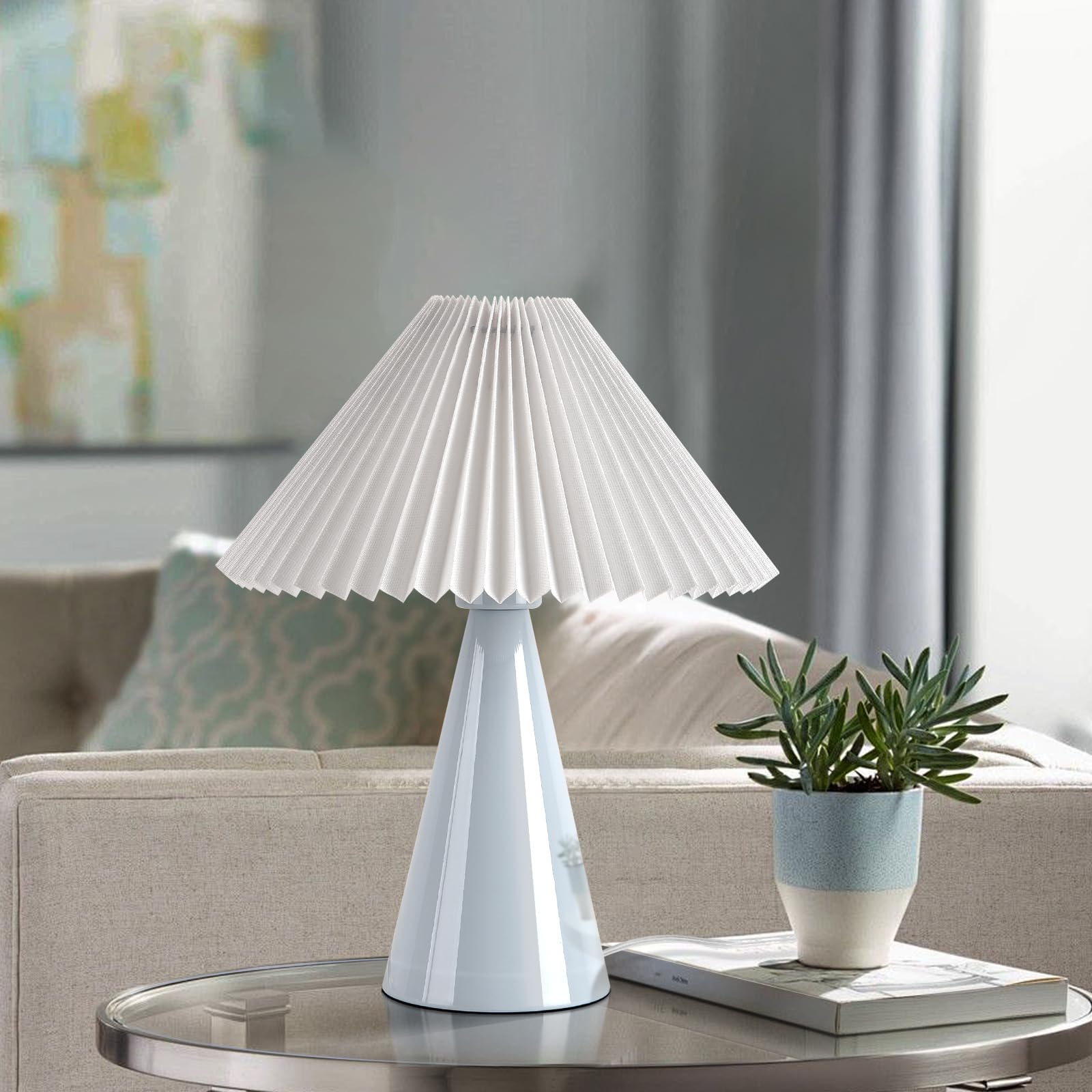 Ziqqeelam Light Blue Small Table Lamp, Cute Table Lamp, Pleated Table Lamp,Light Blue Bedroom Lamps for Nightstand, Small Scallo