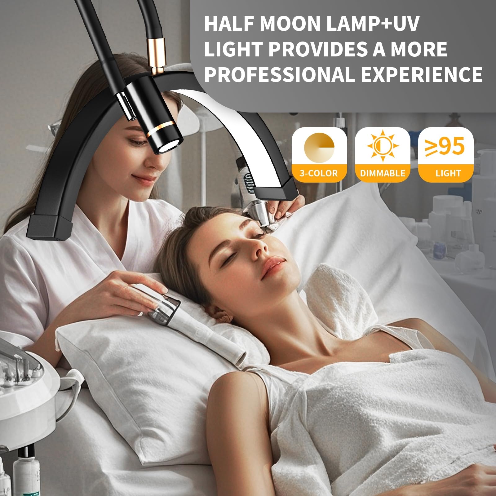 BeeMingle 3-in-1 Half Moon Lash Light, Adjustable Height & Brightness, UV Lamp & Phone Holder, Black, Model CS-X209