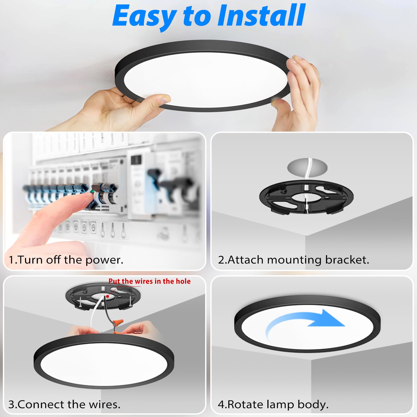 Peasur 7 Inch LED Ceiling Light Fixture, 3000K-6500K Adjustable, 1500LM, Black, Model CL61A-12-BK, 12 Pack