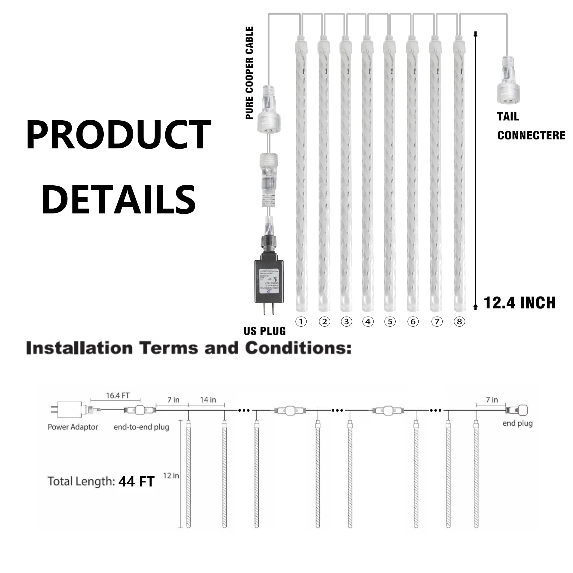 Tw Shine Christmas Meteor Shower Lights Outdoor, 864 Led 12'' 24 Tubes Waterproof Christmas Lights Outdoor Plug In, Snow Falling