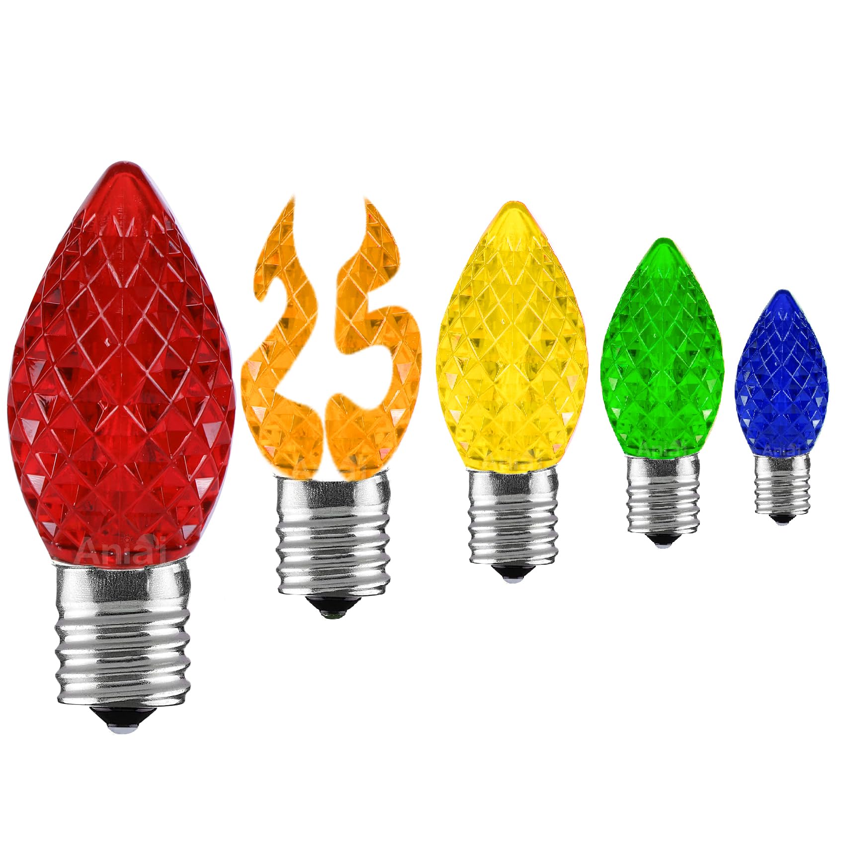 Aniai C7 LED Christmas Light Bulbs - 25 Count Multicolored Replacement Bulbs with E12 Base for Outdoor String Lights