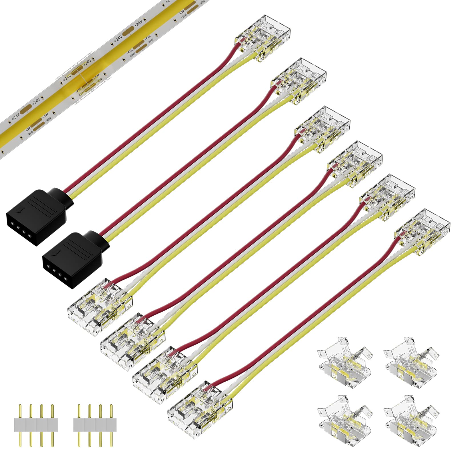 Pautix 10Mm Connectors For Cct Cob Led Strip Light 3 Pin Solderless Terminal Extension Connection Kit,4Pcs Dual End Extension Connectors,2Pcs Strip To Dc Plug Extension Wire,4Pcs Gapless Connectors