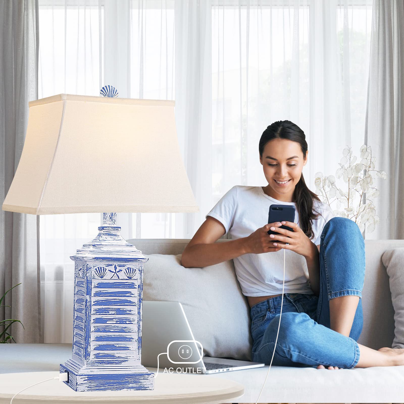 Hamucd Coastal Table Lamps Set of 2, Blue Resin, USB Ports, AC Outlet, Farmhouse Style, Model HMLP278AL2
