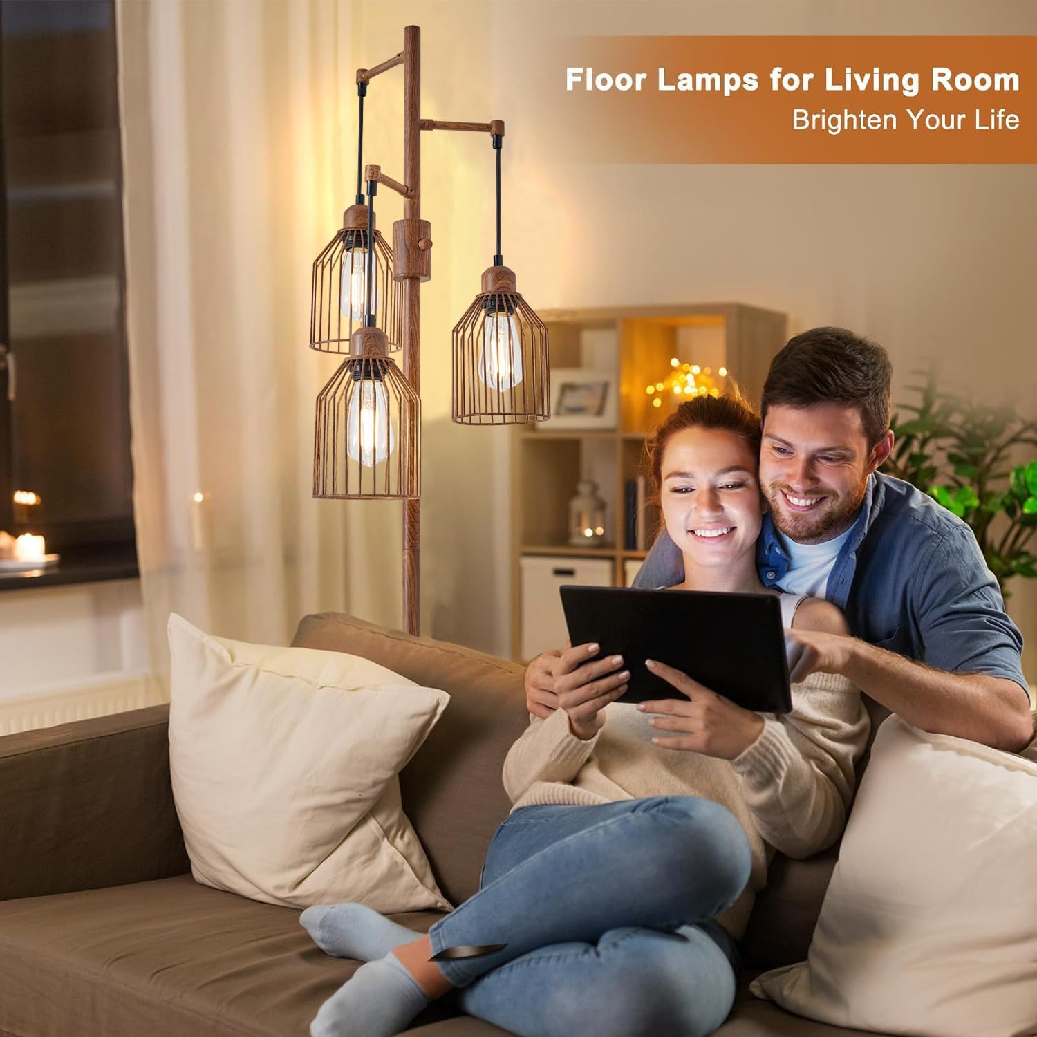 Dimmable Floor Lamp For Living Room, Farmhouse Floor Lamps With Elegant Hanging Cage, 3 X Led Edison Bulbs Included, 68.5'' Indu