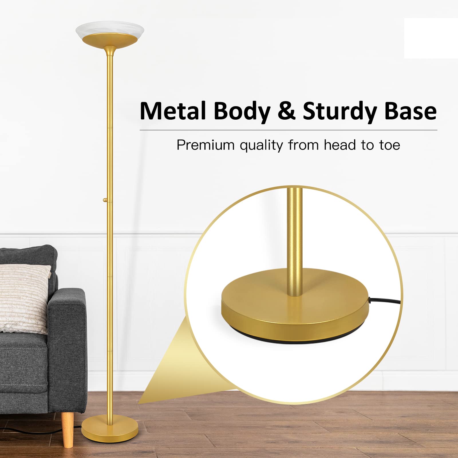 Boostarea Torchiere Floor Lamp, 24W Super Bright Led Standing Lamp, 3000K Stepless Dimmable Pole Lamp With Rotary Switch, 70 Inc