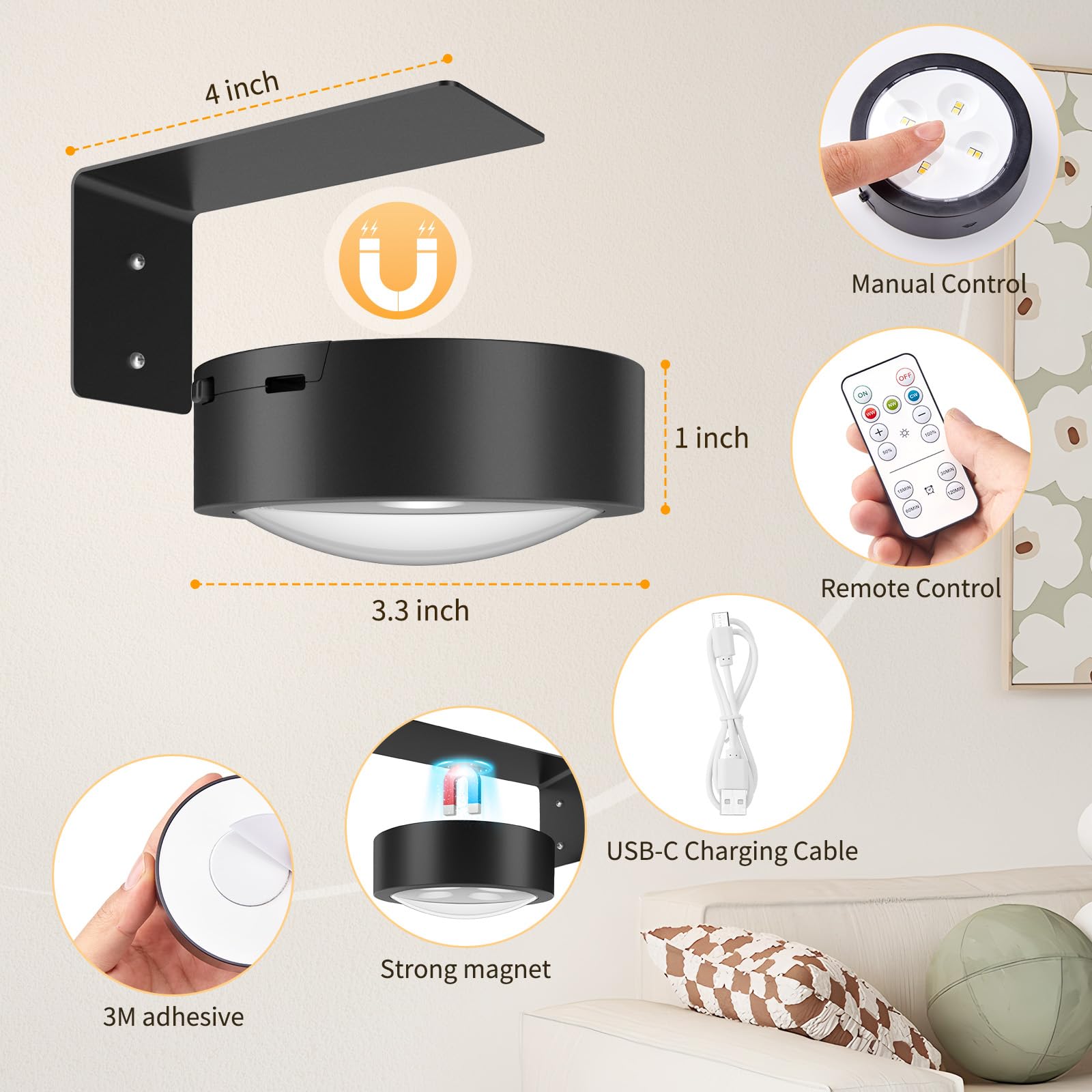 Brightown Picture Lights 2-Pack, Magnetic Wall Art Lights with Remote, Dimmable, Timer, Black, Model BLACK-2PCS
