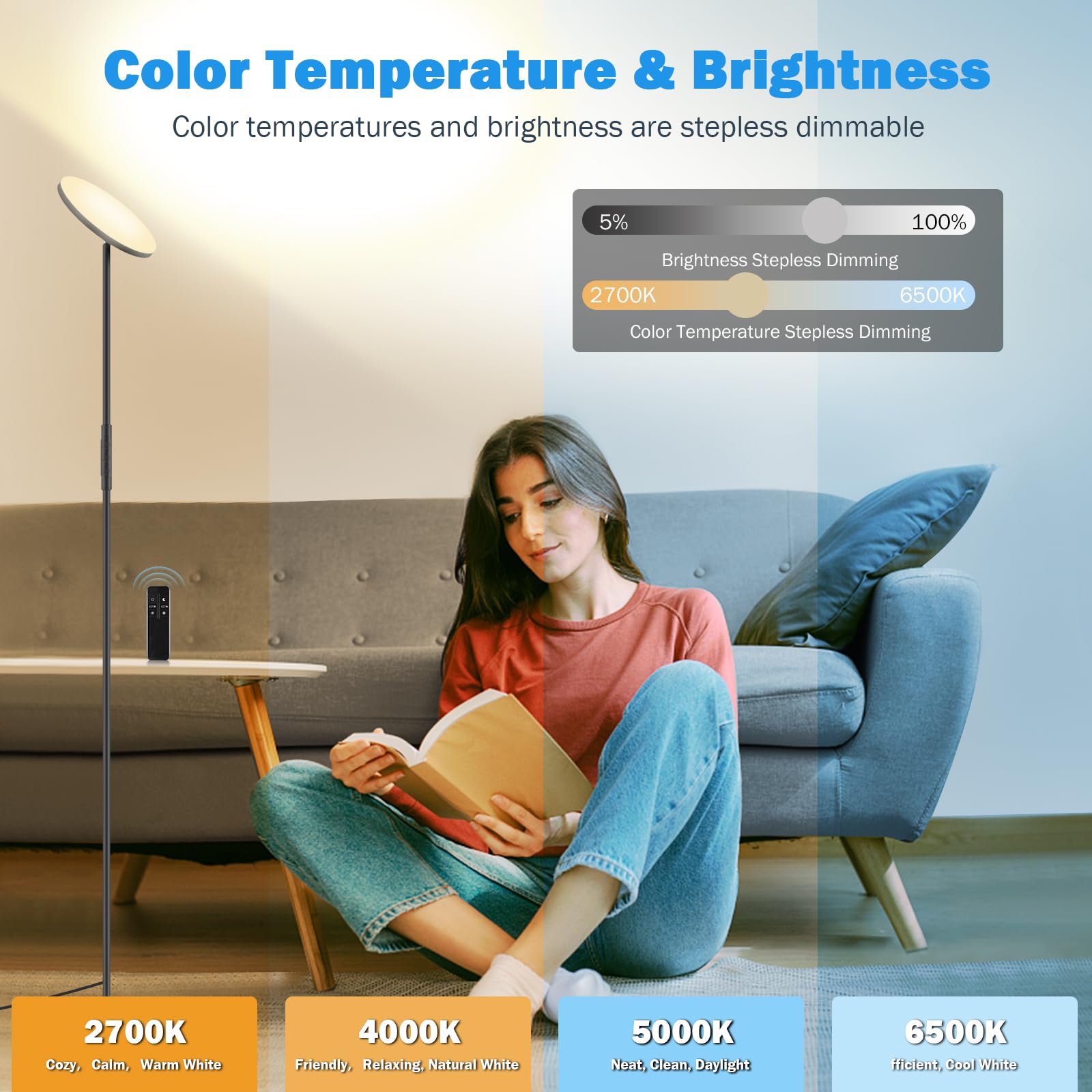 Led Floor Lamp, 3000Lm 30W Super Bright Standing Lamp, 300W Equivalent Modern Torchiere Sky Lamp, 2700K-6500K Stepless Dimming W