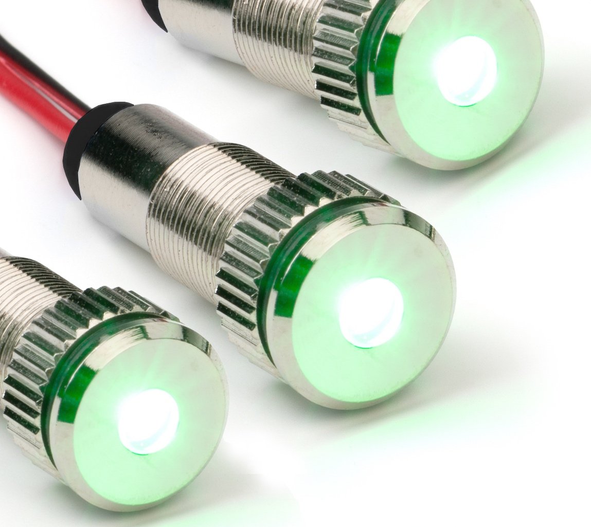 3 Pack Of Plug-N-Play Instrument Cluster Led Indicator Light Dash Bulbs. Aluminum Pilot Lights. Color Acrylic Lens. Flush Panel Mount 5/16&quot; 8Mm 12V For Speedometer Odometer (Silver Bezel, Green Led)