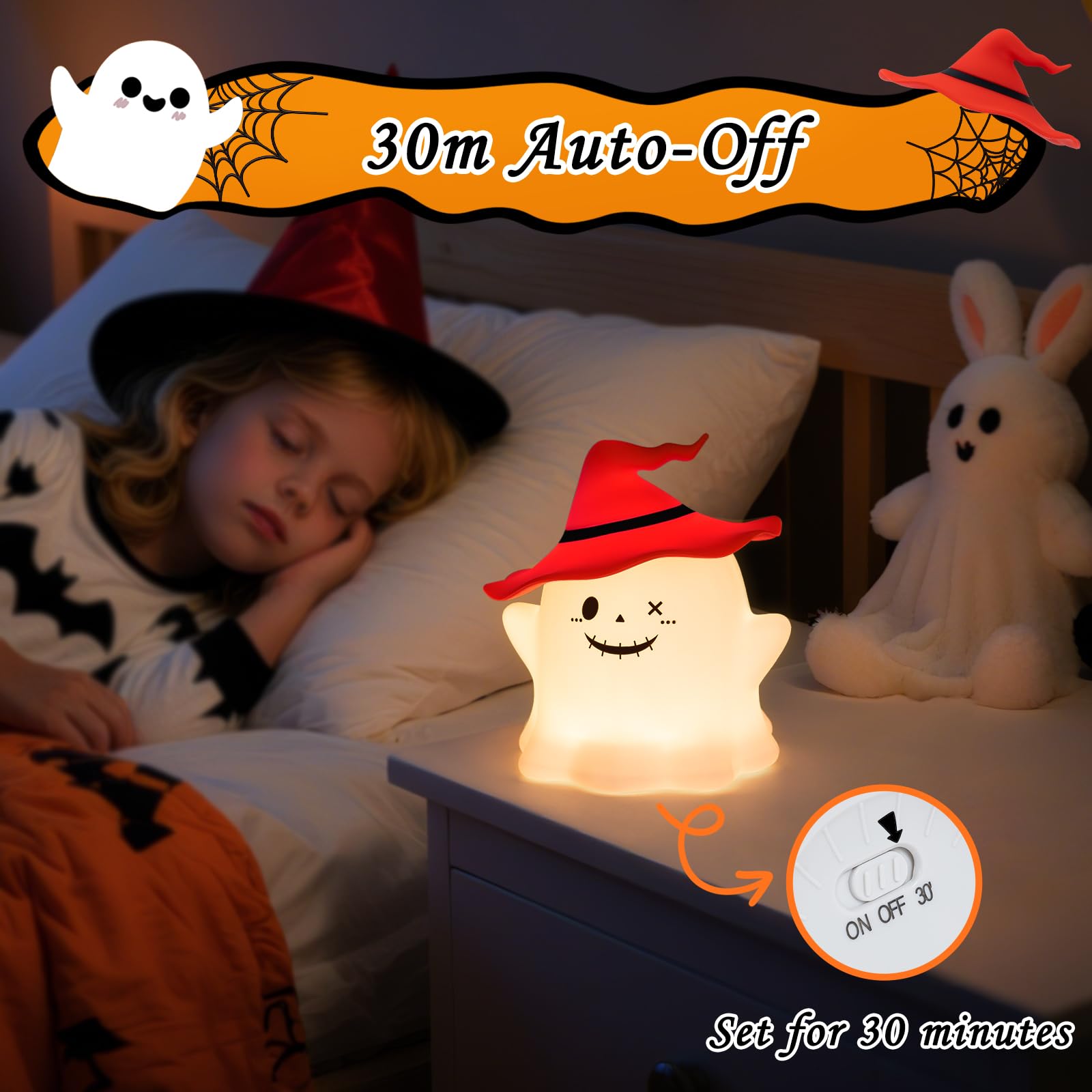 UMLAEN Cute Ghost Silicone Night Light for Kids, Rechargeable Bedside Lamp, Small Size, Red, Model HHDS080003002-R