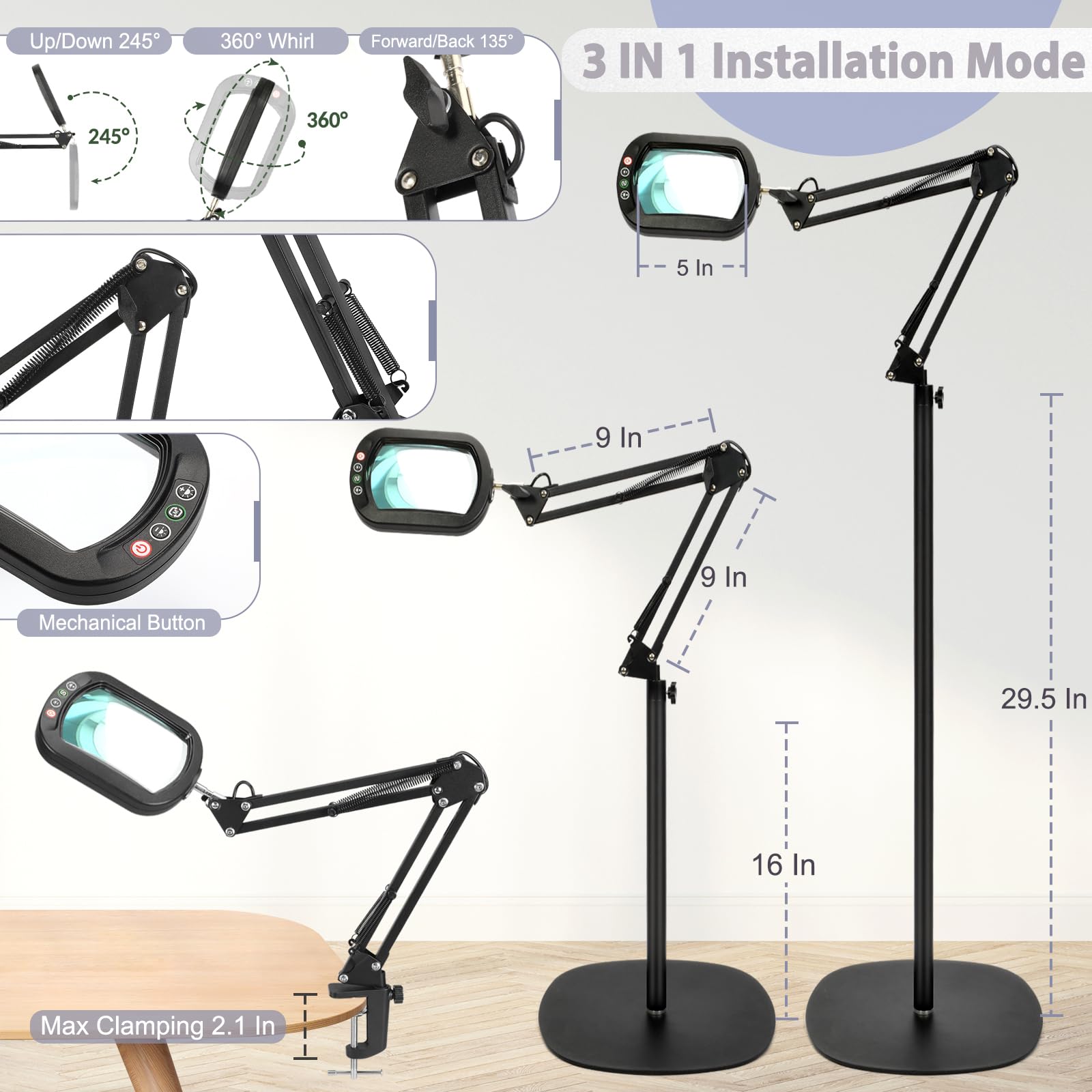 10X Rectangle Magnifying Glass With Light And Stand, 5*3 Inch Real Glass 5 Color Modes Stepless Dimmable Arm Swing Led Floor Lam