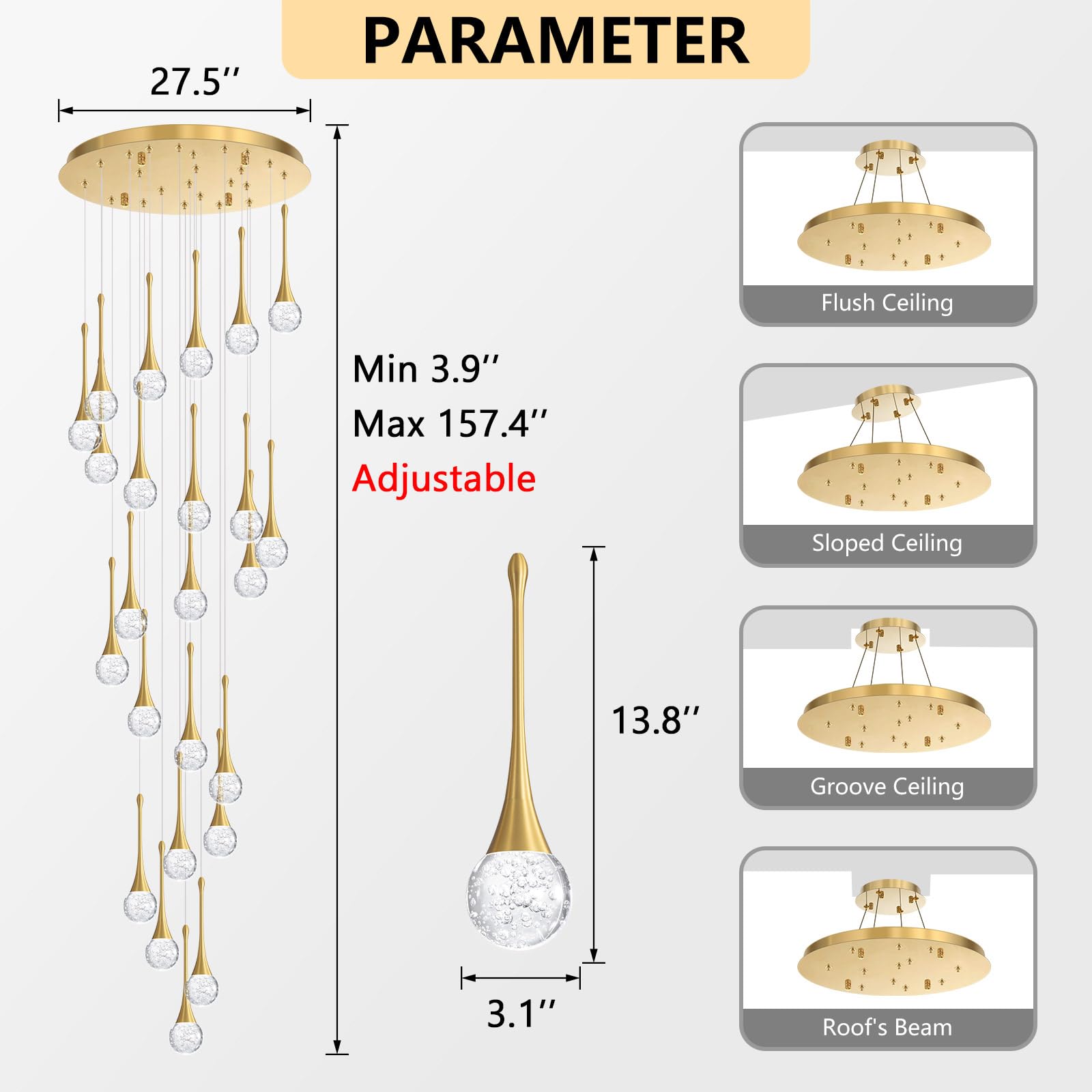 cenozo 24-Light Modern Glam Crystal Chandelier, LED Dimmable, Antique Gold, High Ceiling Lighting, Model RS2037-24G