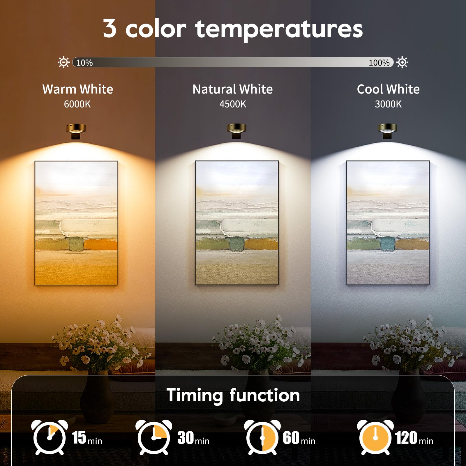 Brightown Picture Lights 2-Pack, Rechargeable, Dimmable, Timer, Gold, Model GOLD-2PCS, Magnetic Art Display, Wireless