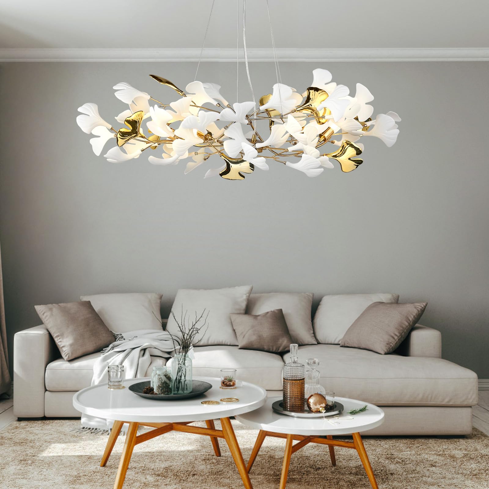 GREMLBUK L31.5 Inch Branch Chandelier Ceramic Ginkgo Leaf Chandeliers Brass Hanging Lights Fixtures for Dining Room Living Room 