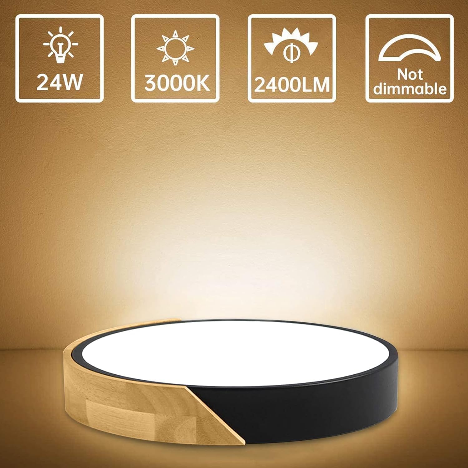 Led Ceiling Light Flush Mount: 12 Inch 24W Bedroom Light Fixture With Round Wood Modern Black Flat Overhead Ceiling Lamps For Kitchen Hallway Laundry Warm White 3000K, Not Dimmable - 2 Pack