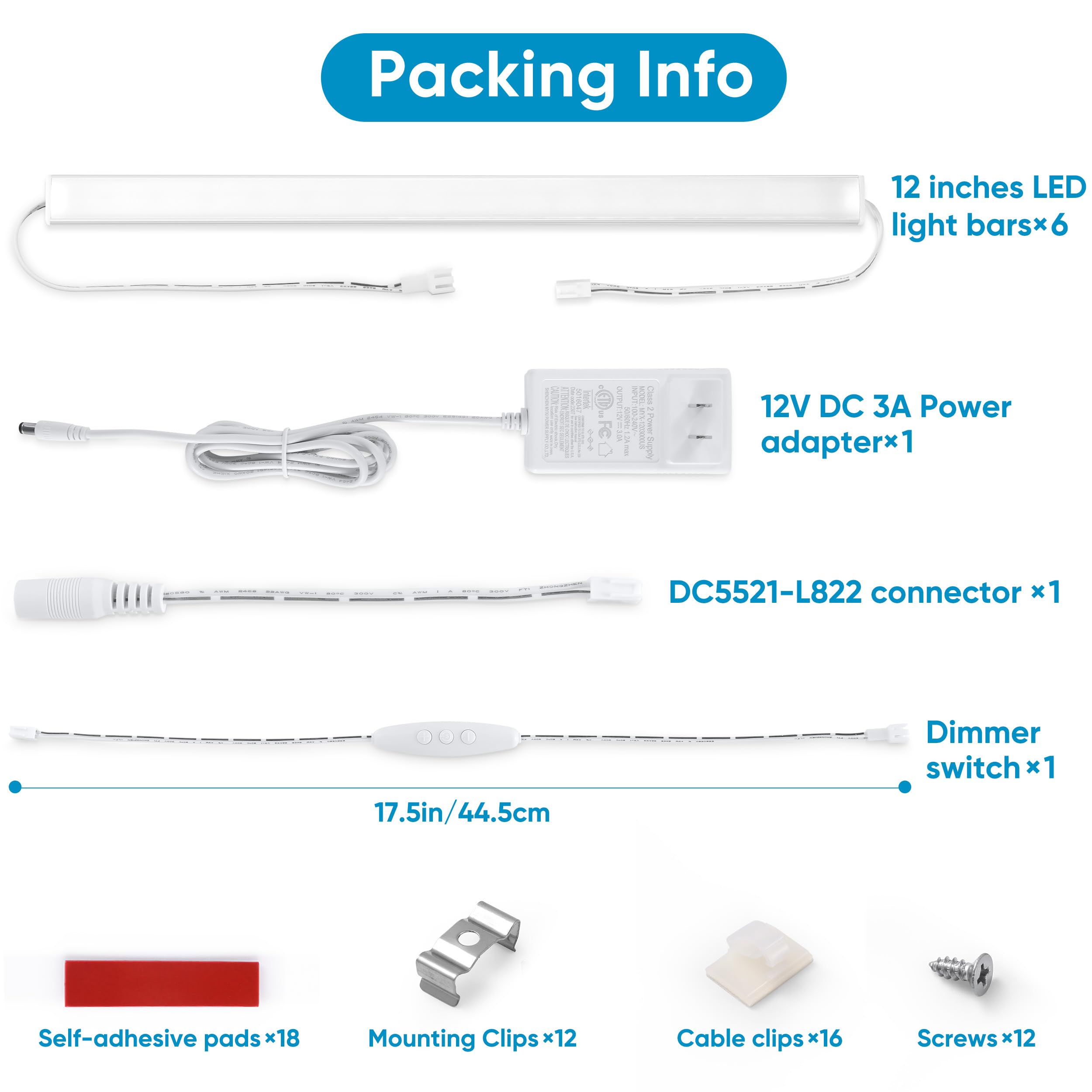 Litever LED Under Cabinet Lights, 6 pcs 12" Dimmable Light Strip Bars, Daylight 5000K, Linkable for Kitchen and Closet Lighting