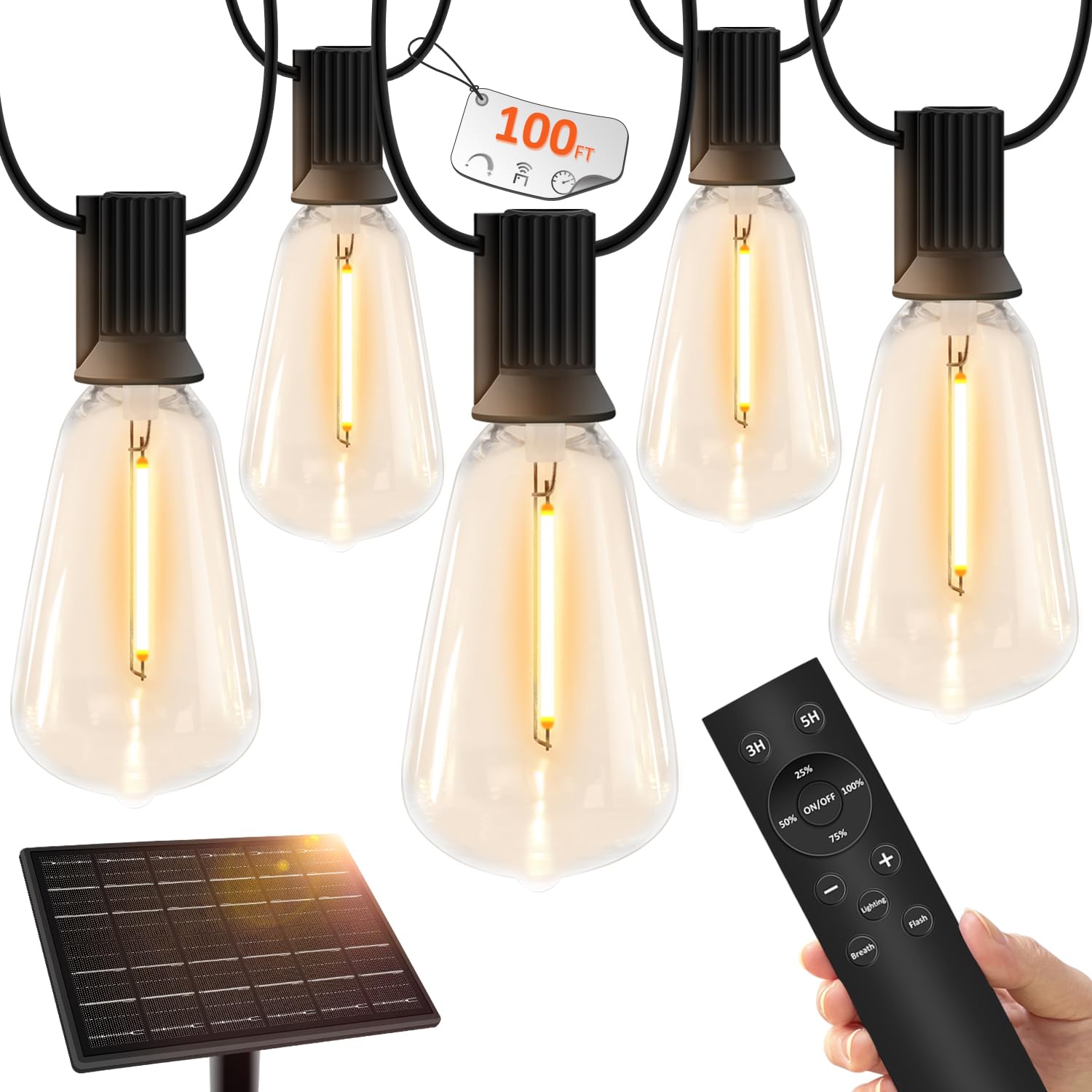 100 FT Solar String Lights Outdoor Waterproof with Remote & USB Port, Solar Power Patio Hanging Lights with Dimmer, Shatterproof