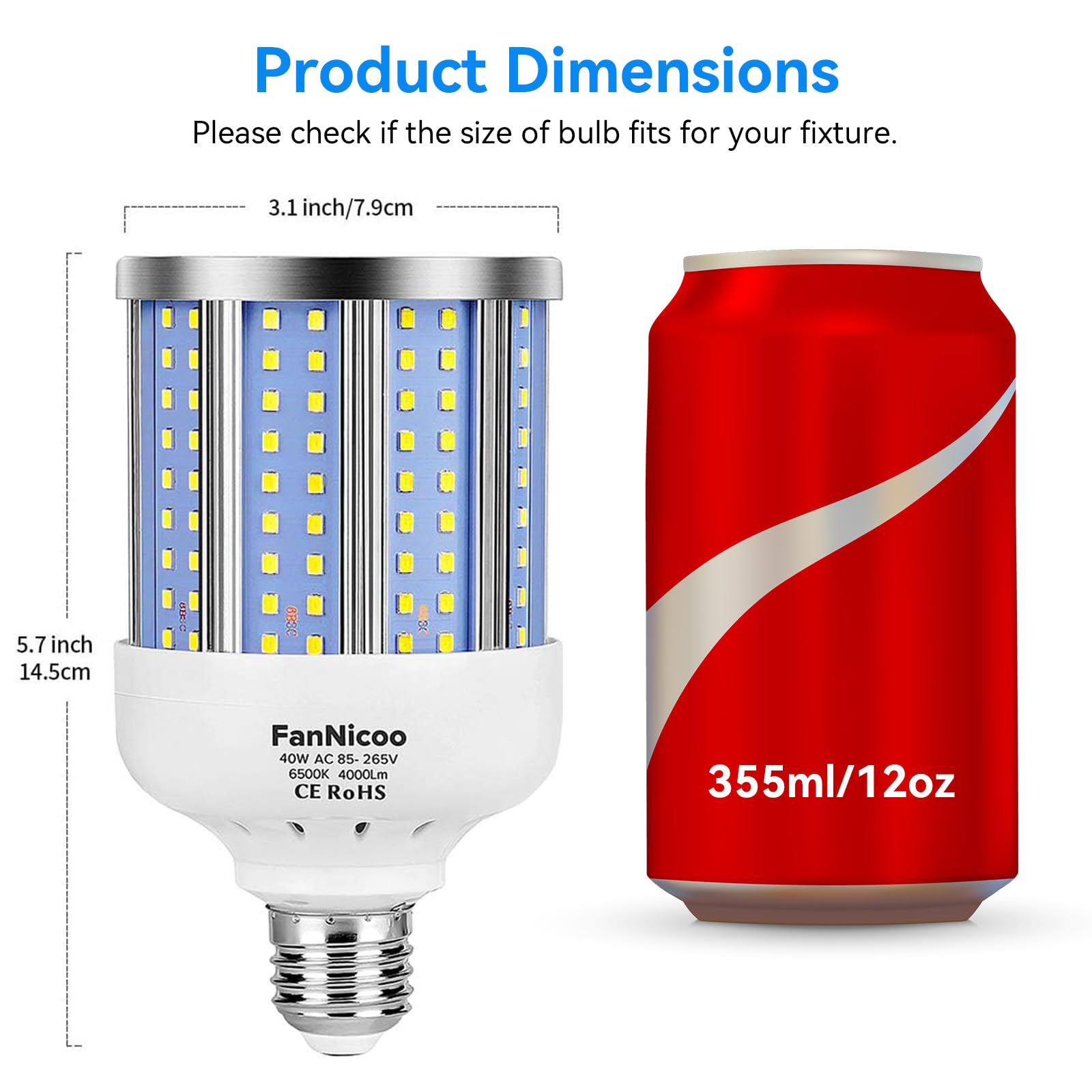 FanNicoo 2 Pack 40W LED Corn Bulb, 280W Equivalent, 4000 Lumen, 6500K Cool White, E26/E27 Base, Ideal for