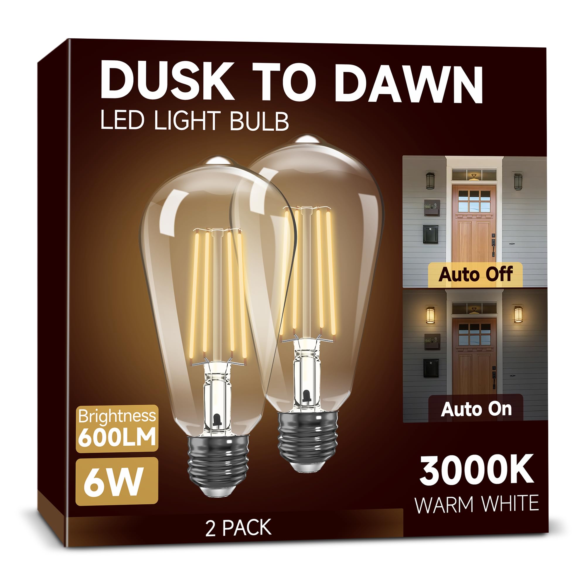 Dusk To Dawn Light Bulbs: Outdoor Light Bulbs, 6W Equivalent 60W Edison Bulbs, 3000K Warm White, Vintage 600Lm Led Outdoor Light