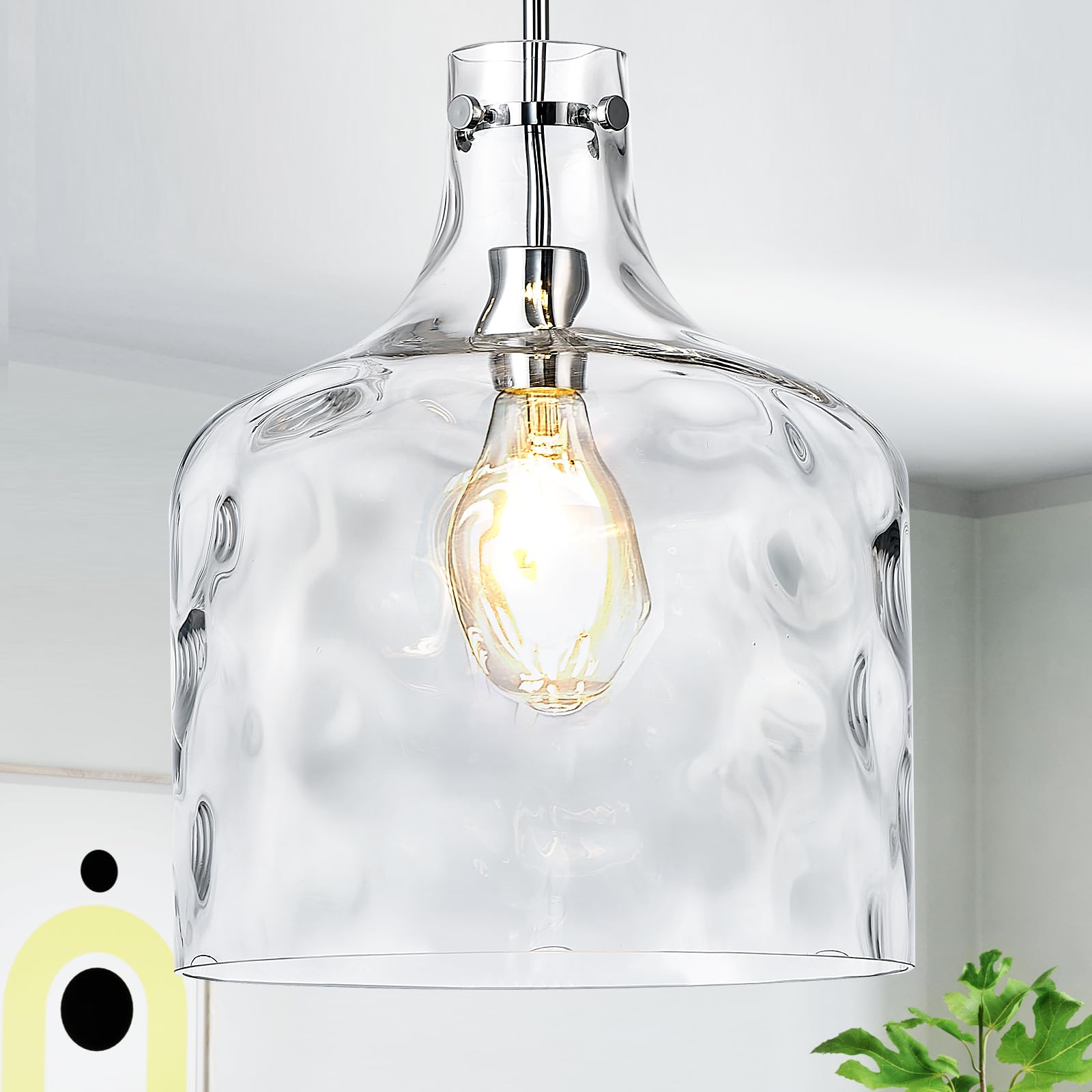 Glass Pendant Light Vintage Farmhouse Pendant Lighting with Handblown Clear Hammered Glass Shade, Adjustable Chain Ceiling Light