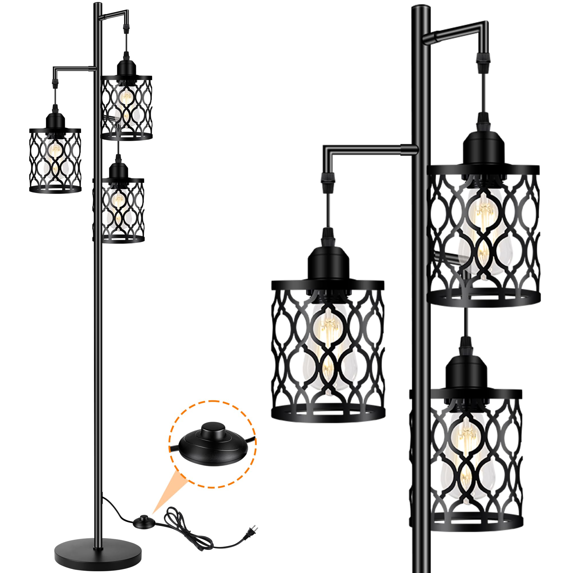 Industrial Floor Lamp, Metal Farmhouse Tall Lamp for Living Room, Rustic Standing Lamp with 3 Elegant Cage Heads, Tree Floor Lam