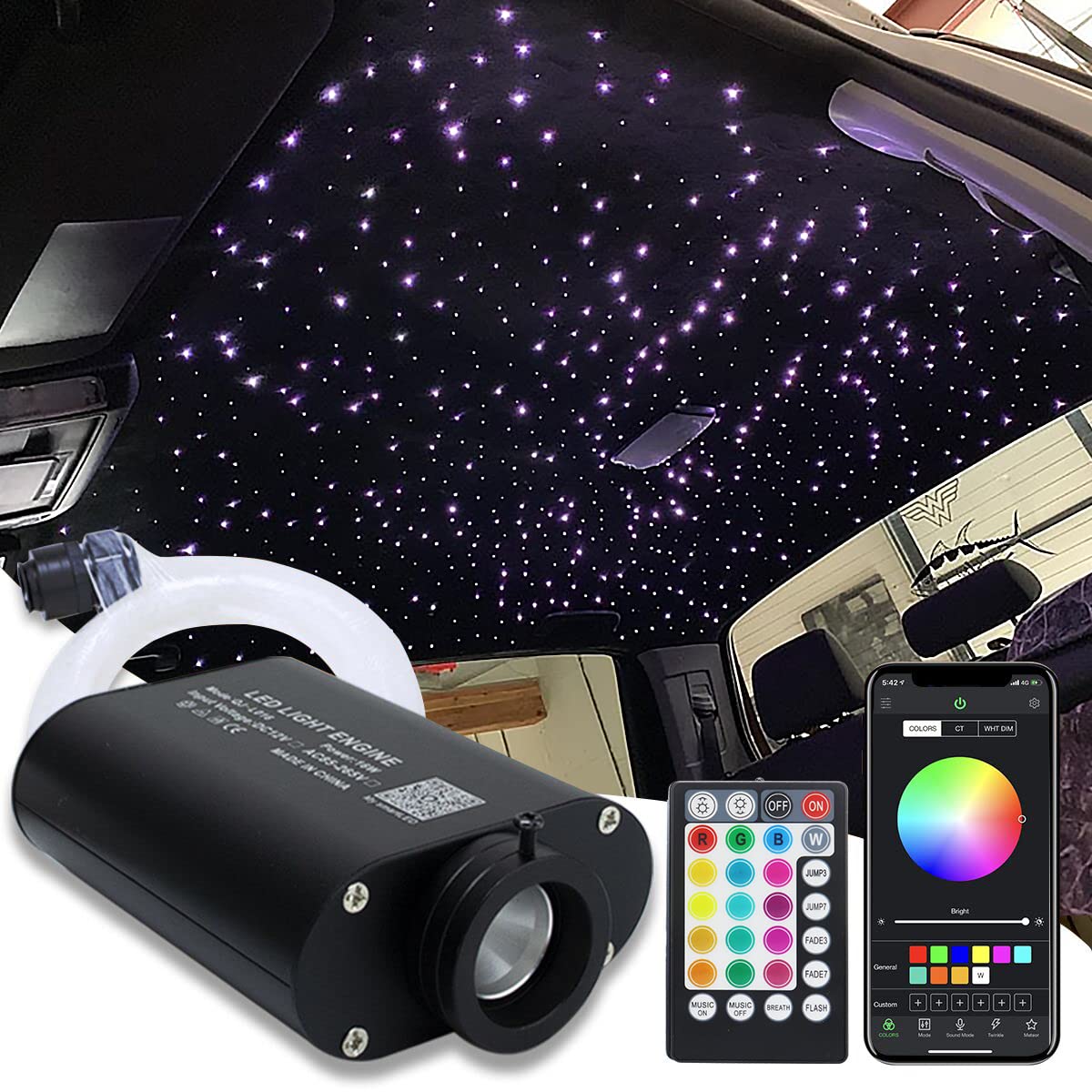 Amki 16W Fiber Optic Lights,Starlight Headliner Light Kit App/Remote Control Sound Activated Mode For Car&Home Decoration,Optical Fiber Cable Strands (0.75Mm+1Mm+1.5Mm) 9.8Ft/3M Long 415Pcs