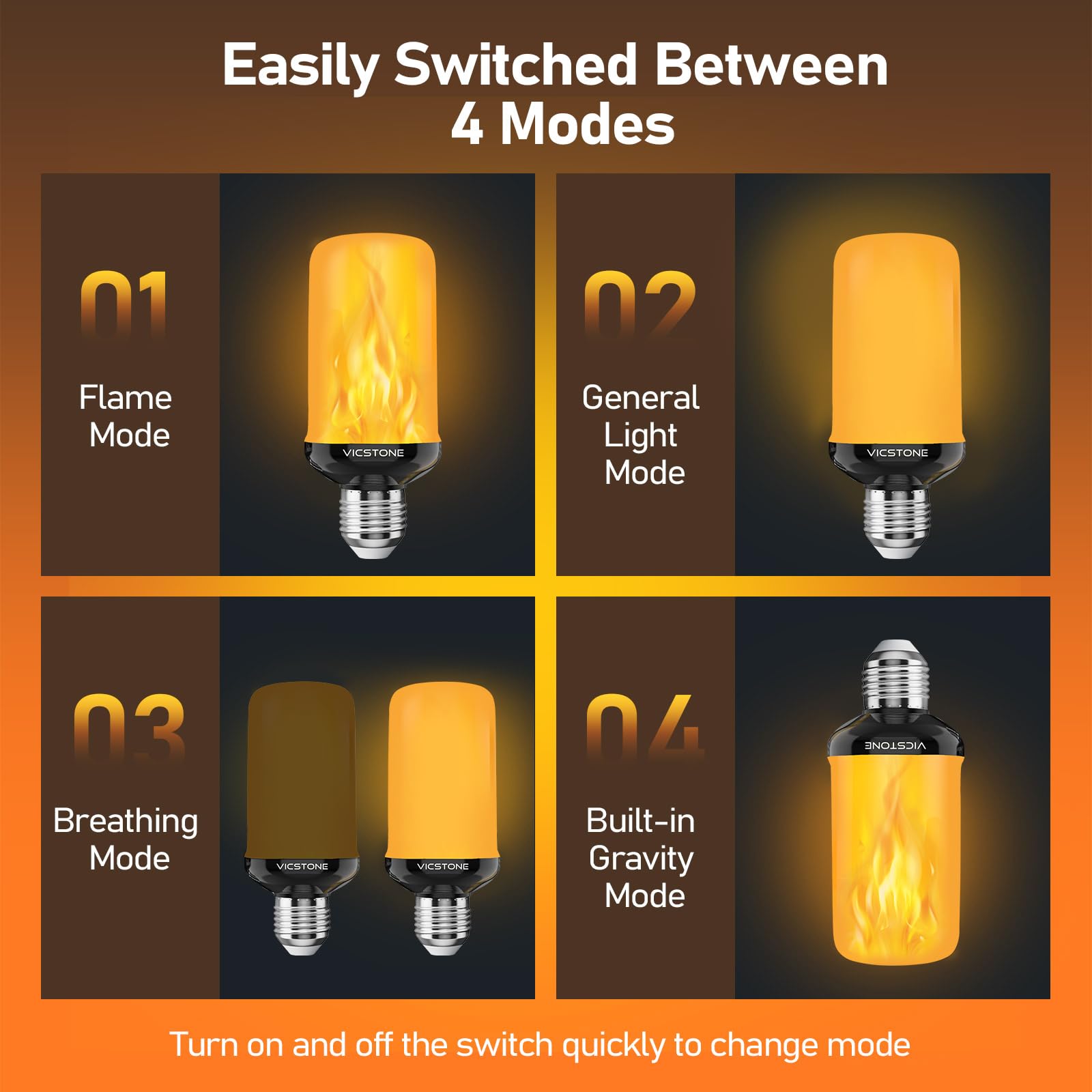 Vicstone LED Flame Light Bulbs, 4-Mode Flickering Effect, E26, 2 Pack, Plastic