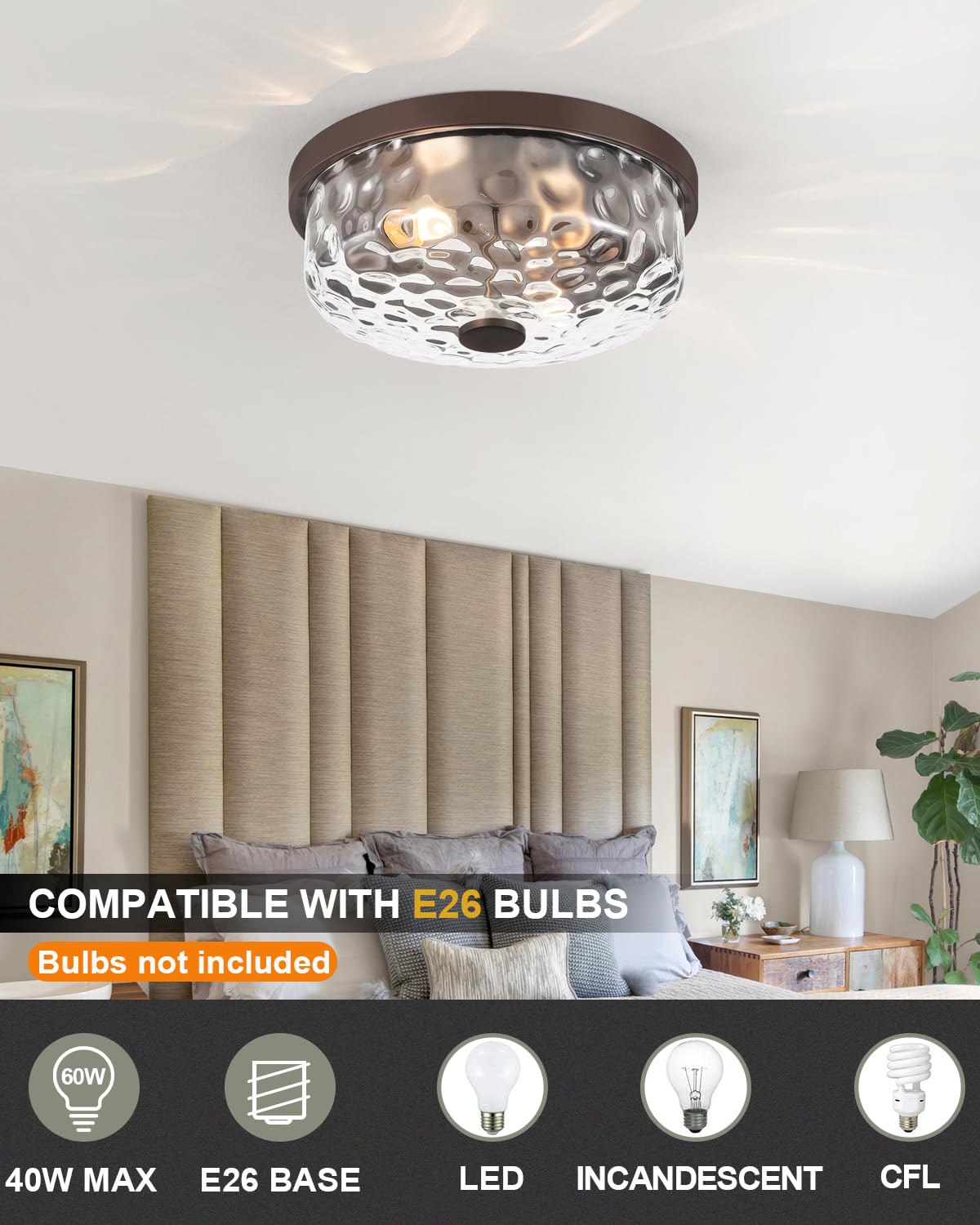 BinoBro 12 Inch Flush Mount Ceiling Light, 2 Light Industrial Fixture, Oil Rubbed Bronze, Model CL23998, Metal & Glass