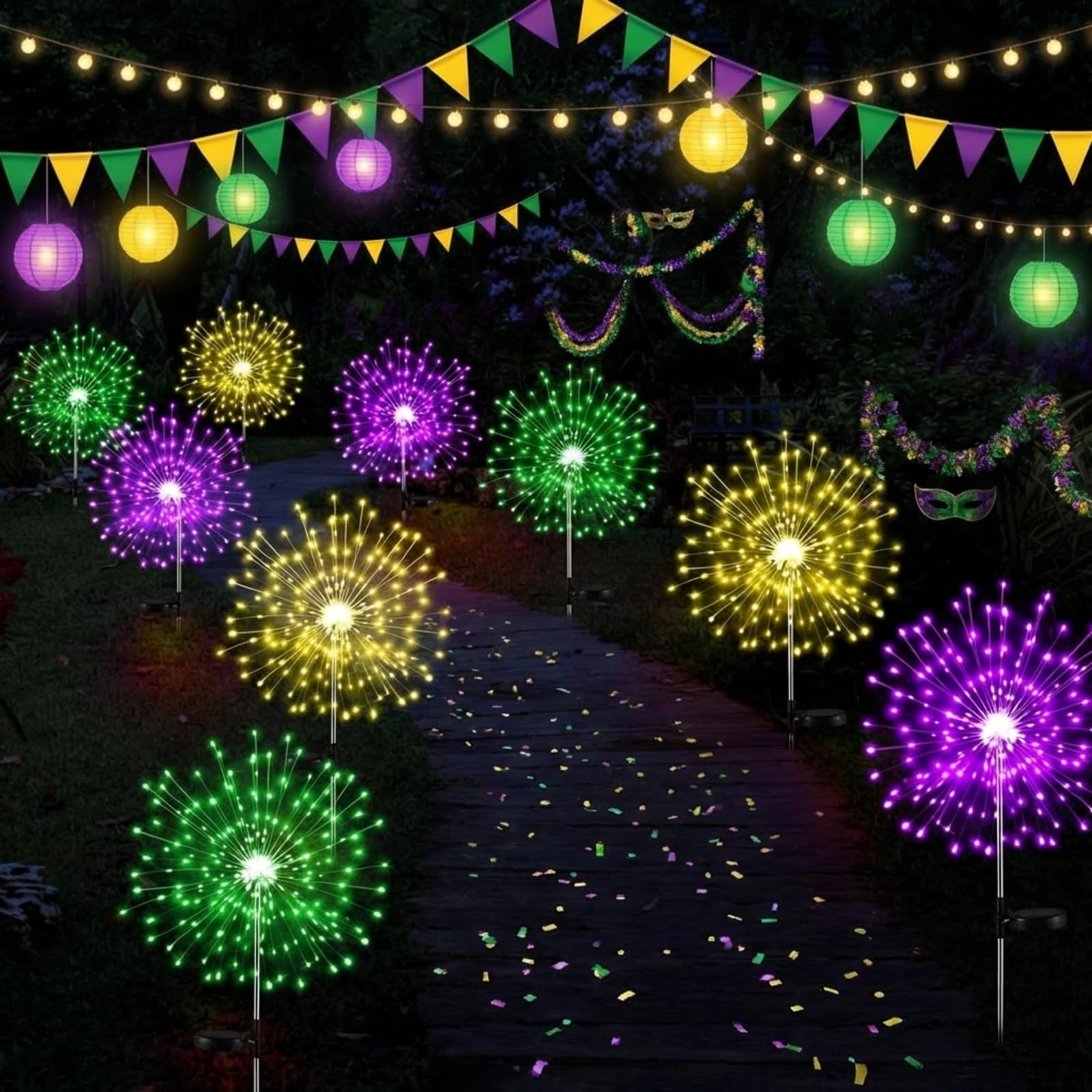Tujoe 9 Pcs Mardi Gras Solar Firework Lights Solar Lights Outdoor Garden 120 LED 8 Modes Waterproof LED Sparkler Outdoor for Car